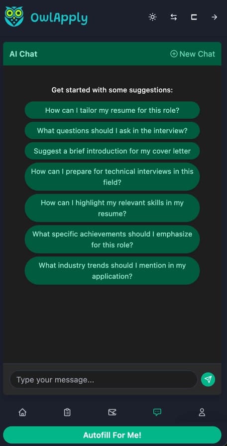 OwlApply AI Chat Feature for Job Applications - Dark Mode