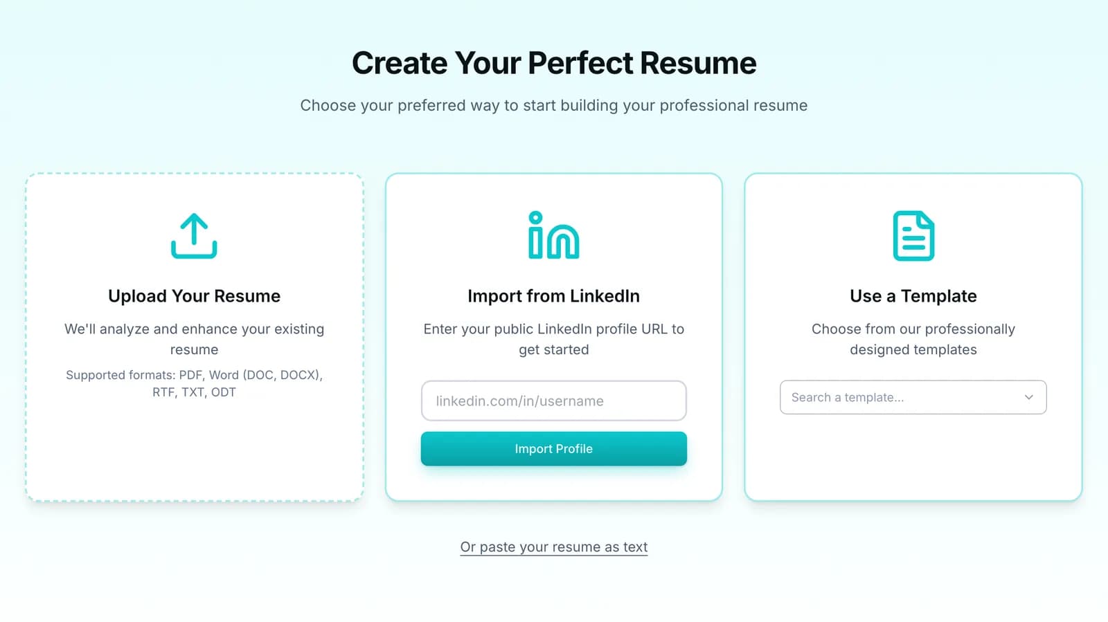 Tela inicial com três opções: enviar currículo em PDF, Word, RTF, TXT ou ODT, importar do LinkedIn ou usar um modelo