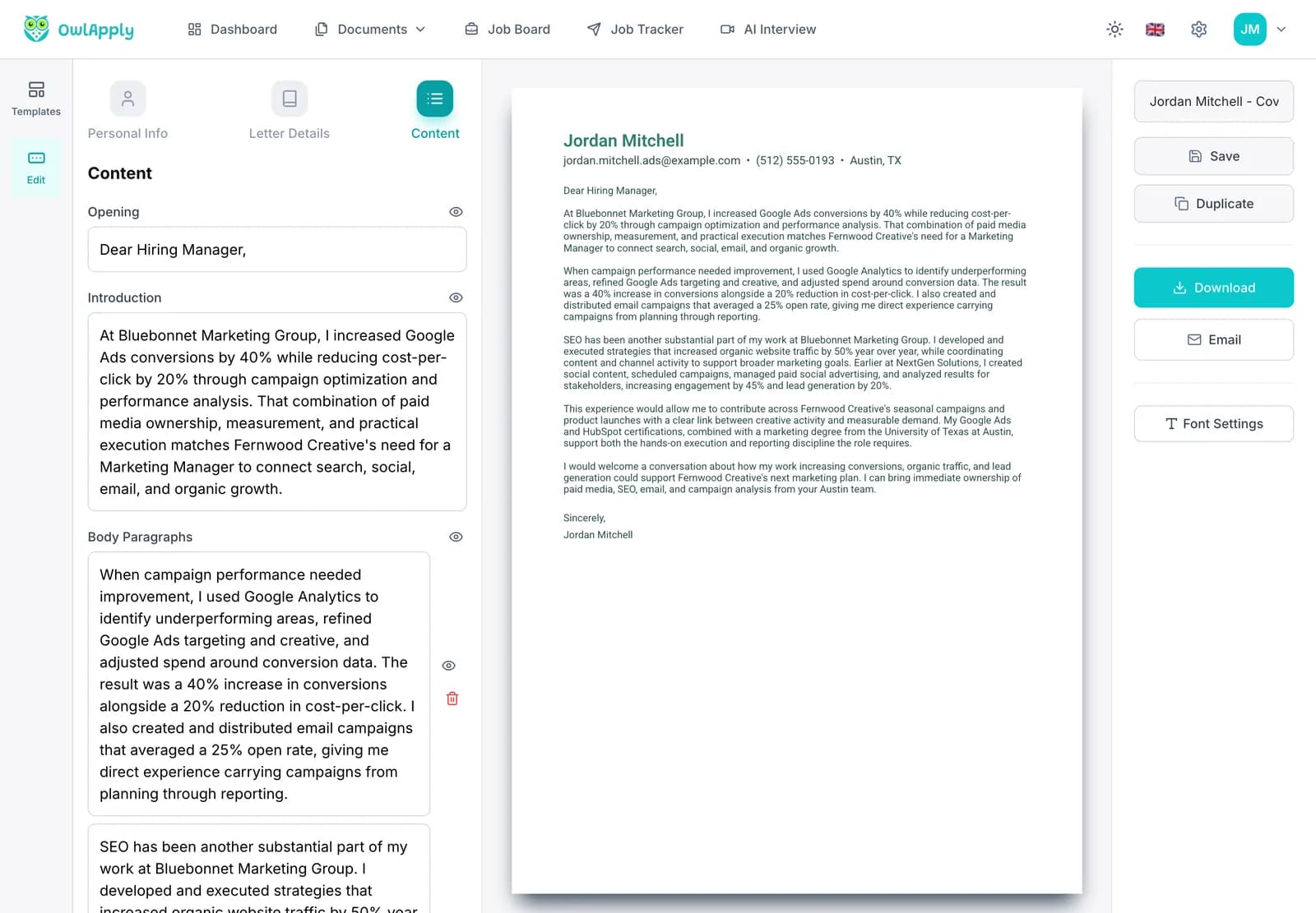 Editor de carta de apresentação com a etapa Conteúdo aberta: campos de saudação, introdução e parágrafo ao lado da prévia