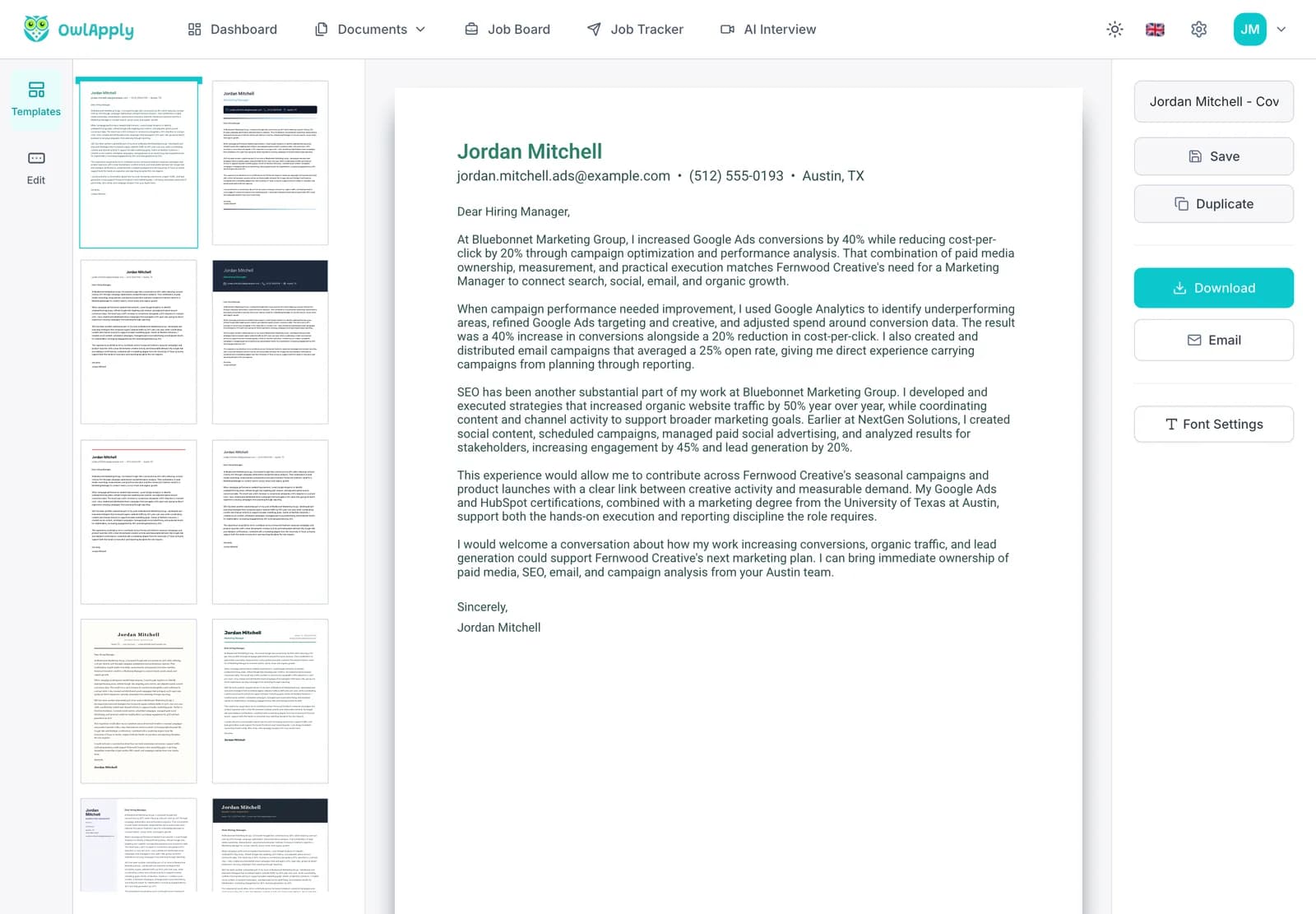 Carta pronta no editor do OwlApply com os botões Salvar, Clonar, Baixar, E-mail e Configurações de fonte
