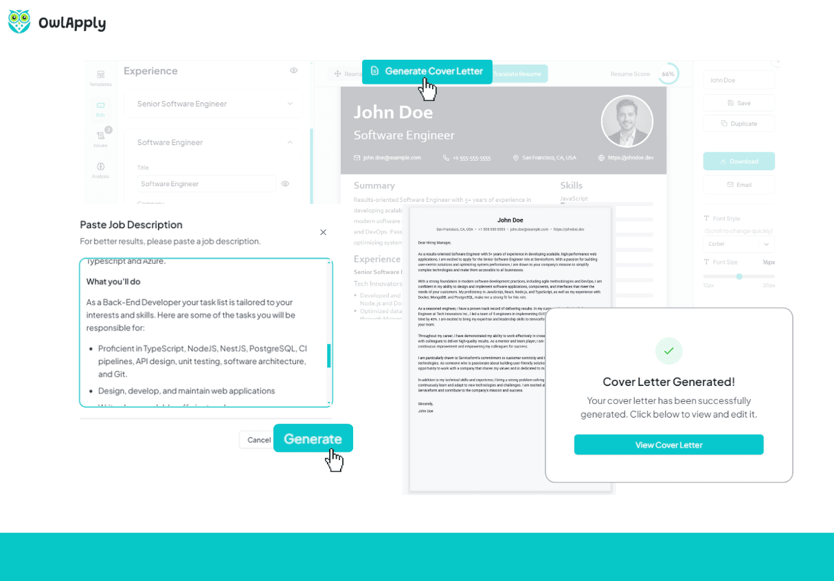 Resume generator optimization interface showing document refinement options