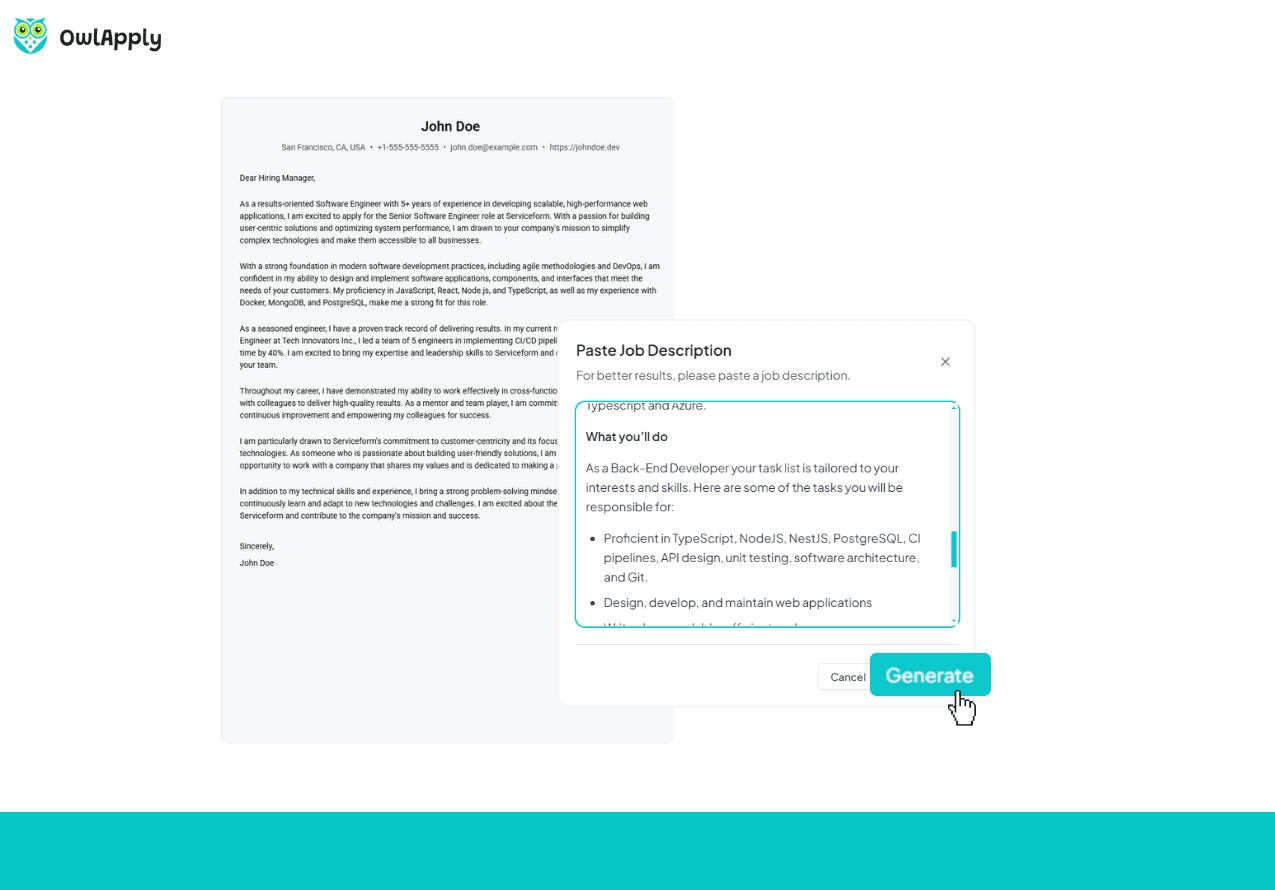 Cover letter customization interface showing job requirement matching