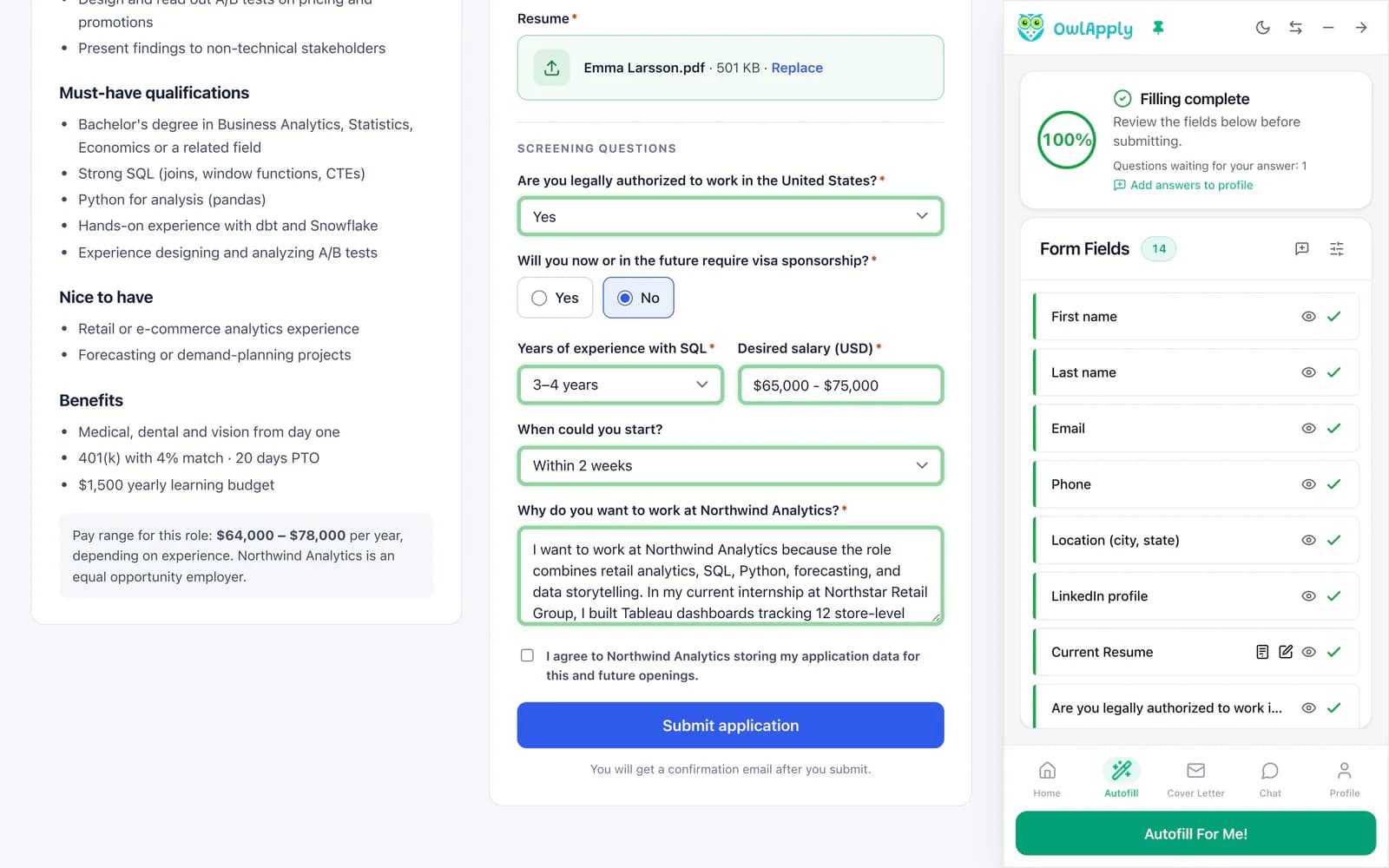 Perguntas de triagem de um formulário preenchidas pela extensão OwlApply: autorização de trabalho Sim, patrocínio Não, anos de SQL, pretensão salarial, data de início e uma resposta escrita, com o botão Submeter intacto