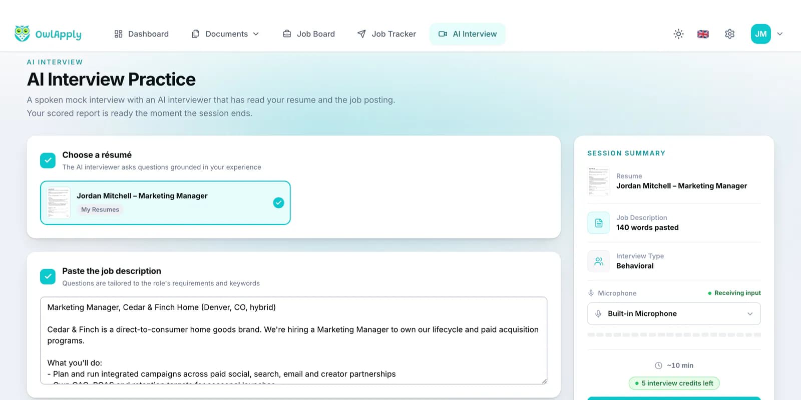 Configuração da entrevista com IA com CV e descrição da oferta já preenchidos
