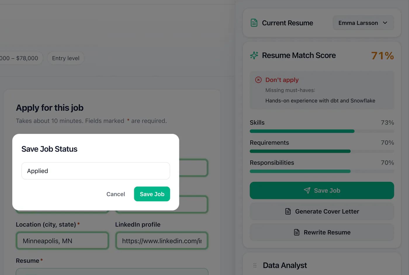 Janela para guardar o estado da oferta na extensão da OwlApply, ao lado da pontuação de compatibilidade do CV