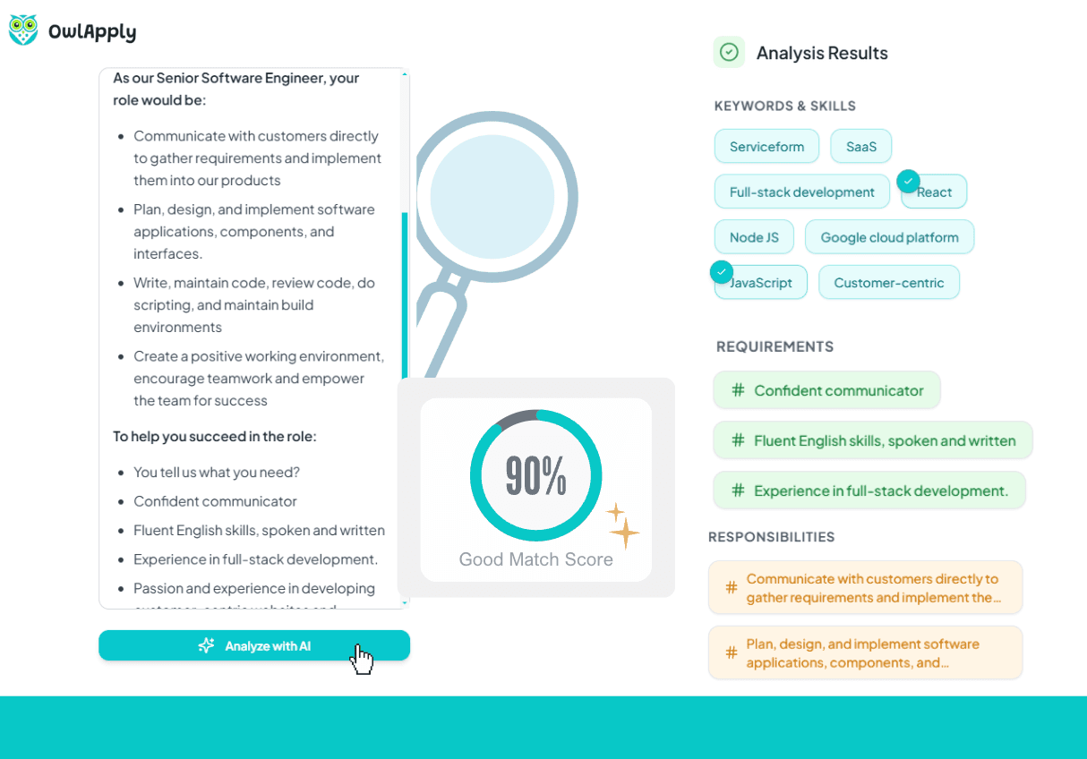 Interfaz de análisis de descripción de trabajo del creador de currículum
