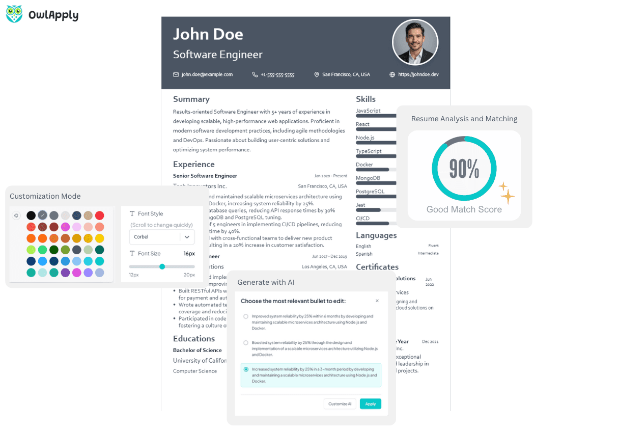 Professional resume builder interface showing AI-powered achievement generation