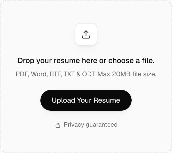 Caixa de carregamento de CV que aceita PDF, Word, RTF, TXT e ODT até 20 MB