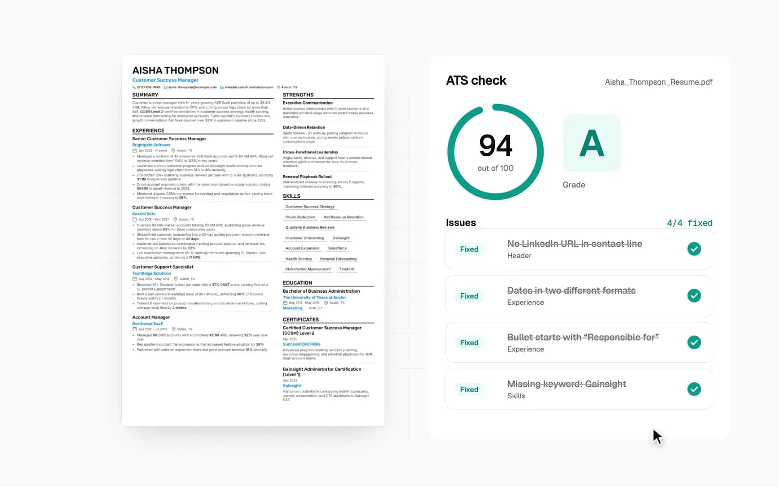 Verificação ATS depois das correções: pontuação 94 em 100, nota A, quatro problemas marcados como corrigidos