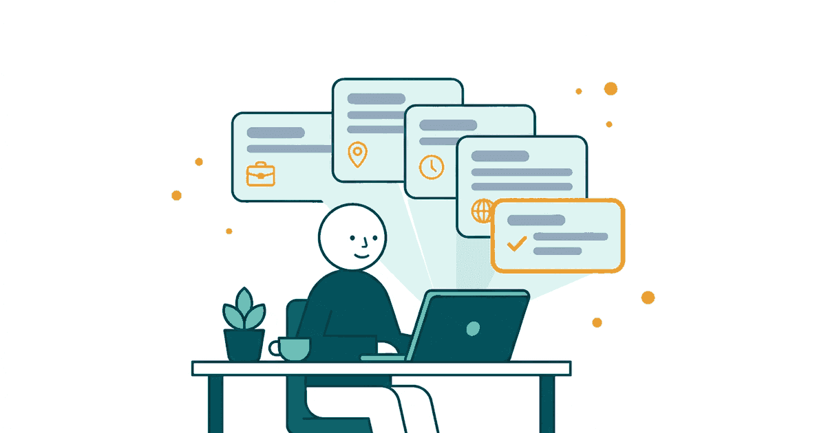 Illustration of a person at a laptop comparing remote job listings from several different remote job websites