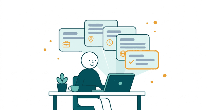 Illustration of a person at a laptop comparing remote job listings from several different remote job websites