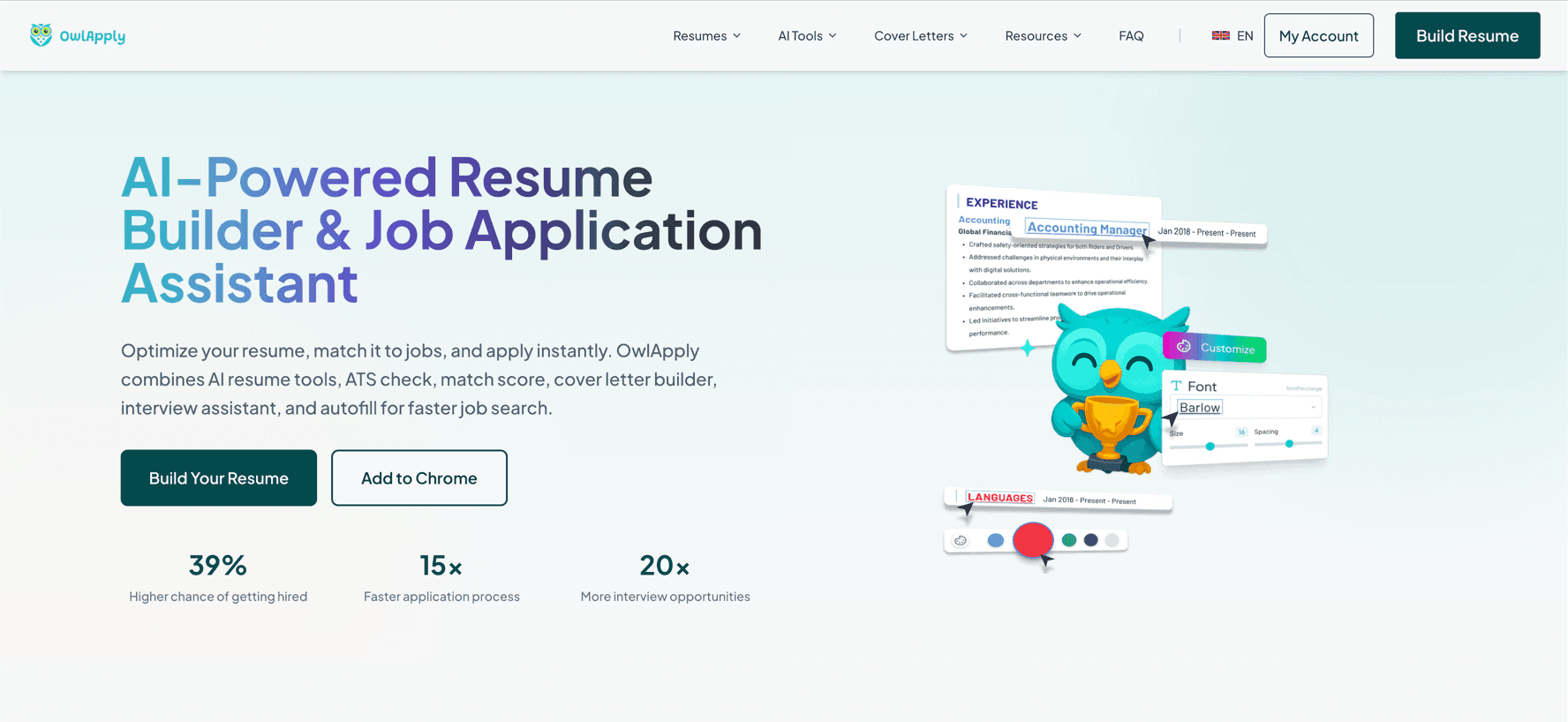 OwlApply homepage: AI-powered resume builder and job application assistant with Build Your Resume and Add to Chrome buttons