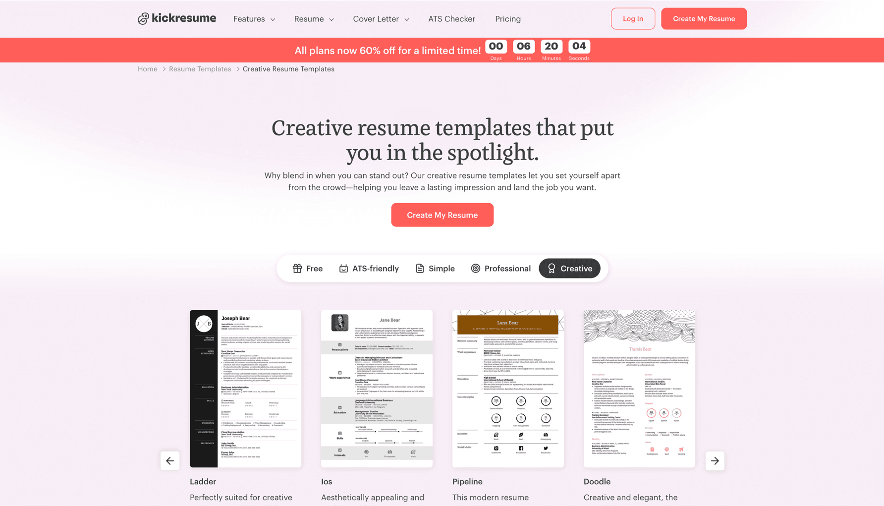Kickresume template gallery with creative and ATS-friendly designs
