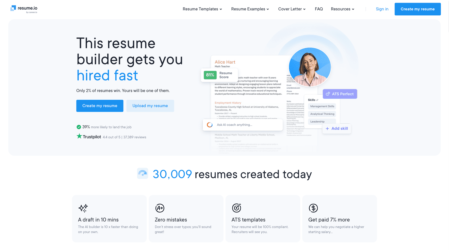 Resume.io intuitive resume builder interface with professional templates