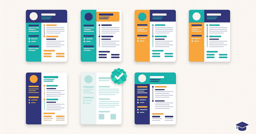 A gallery of resume templates with one single-column template highlighted by a green check