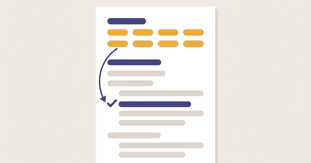 A resume skills section grouped into languages, tools and methods, with an arrow linking one skill to the experience bullet that proves it