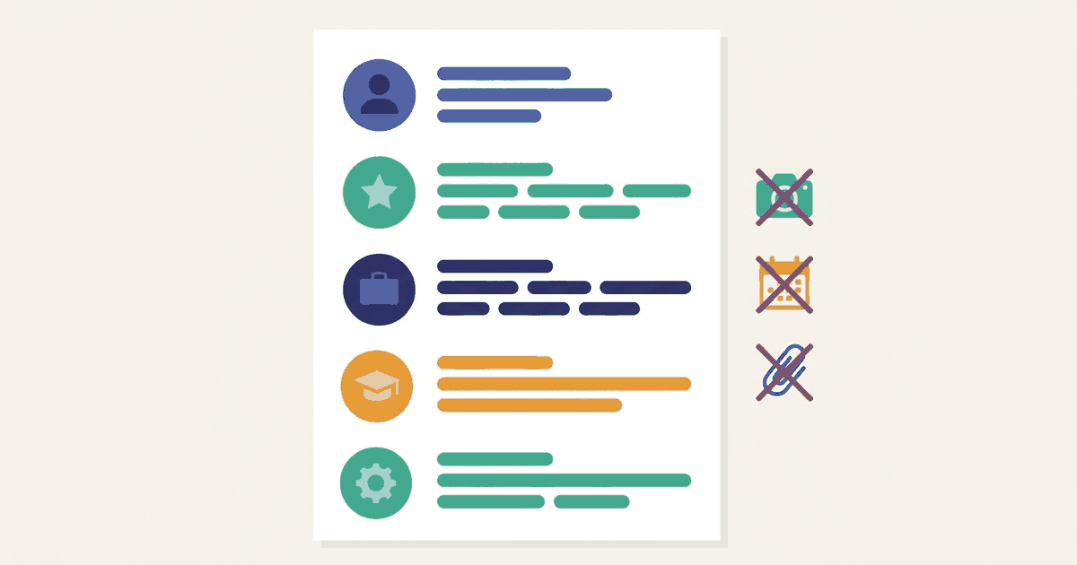 A resume with each section labelled: contact, summary, experience, education, skills, with crossed-out items in the margin