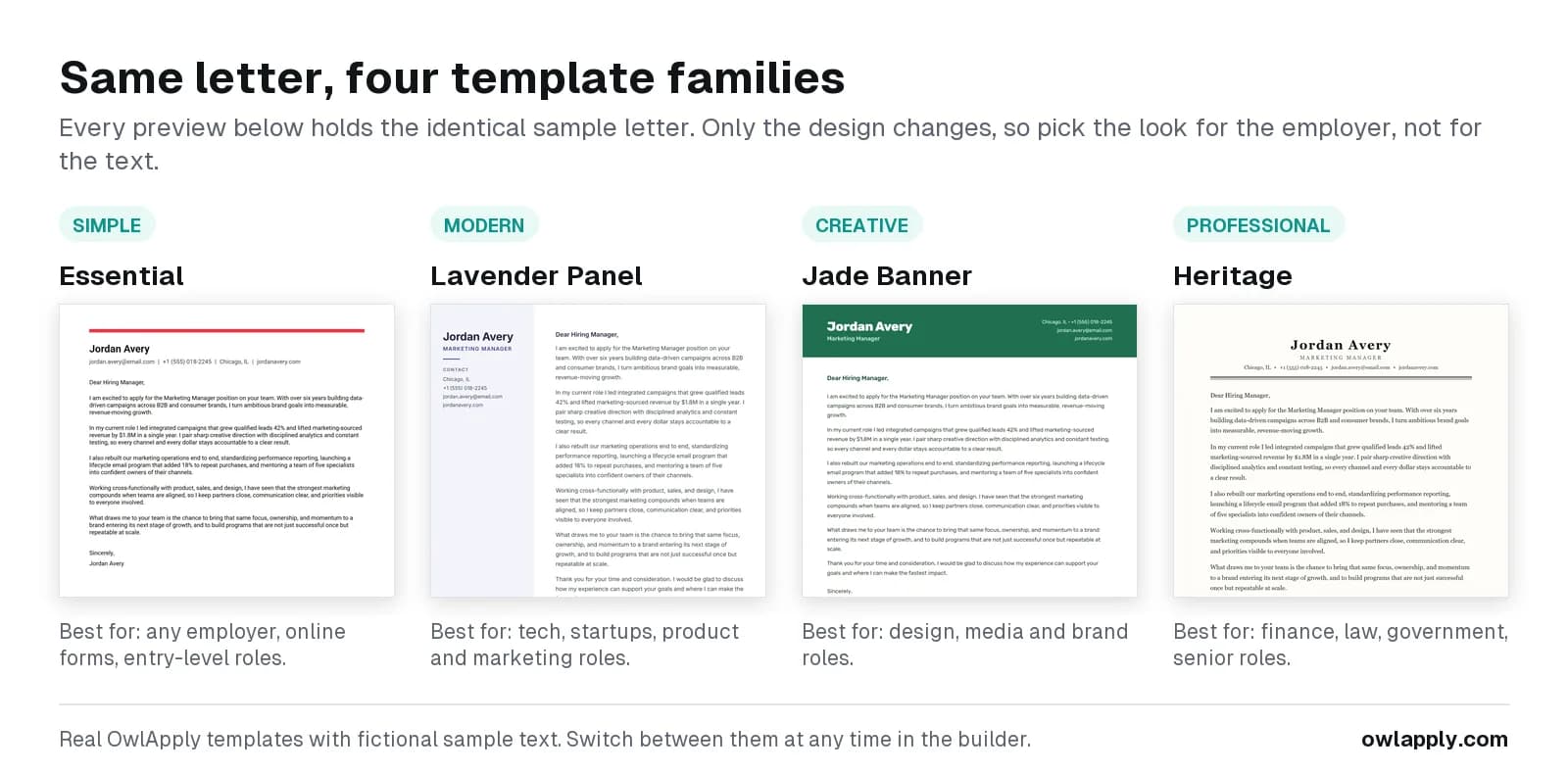 Quatro modelos de carta de apresentação do OwlApply lado a lado, Essential, Lavender Panel, Jade Banner e Heritage, com a mesma carta de exemplo