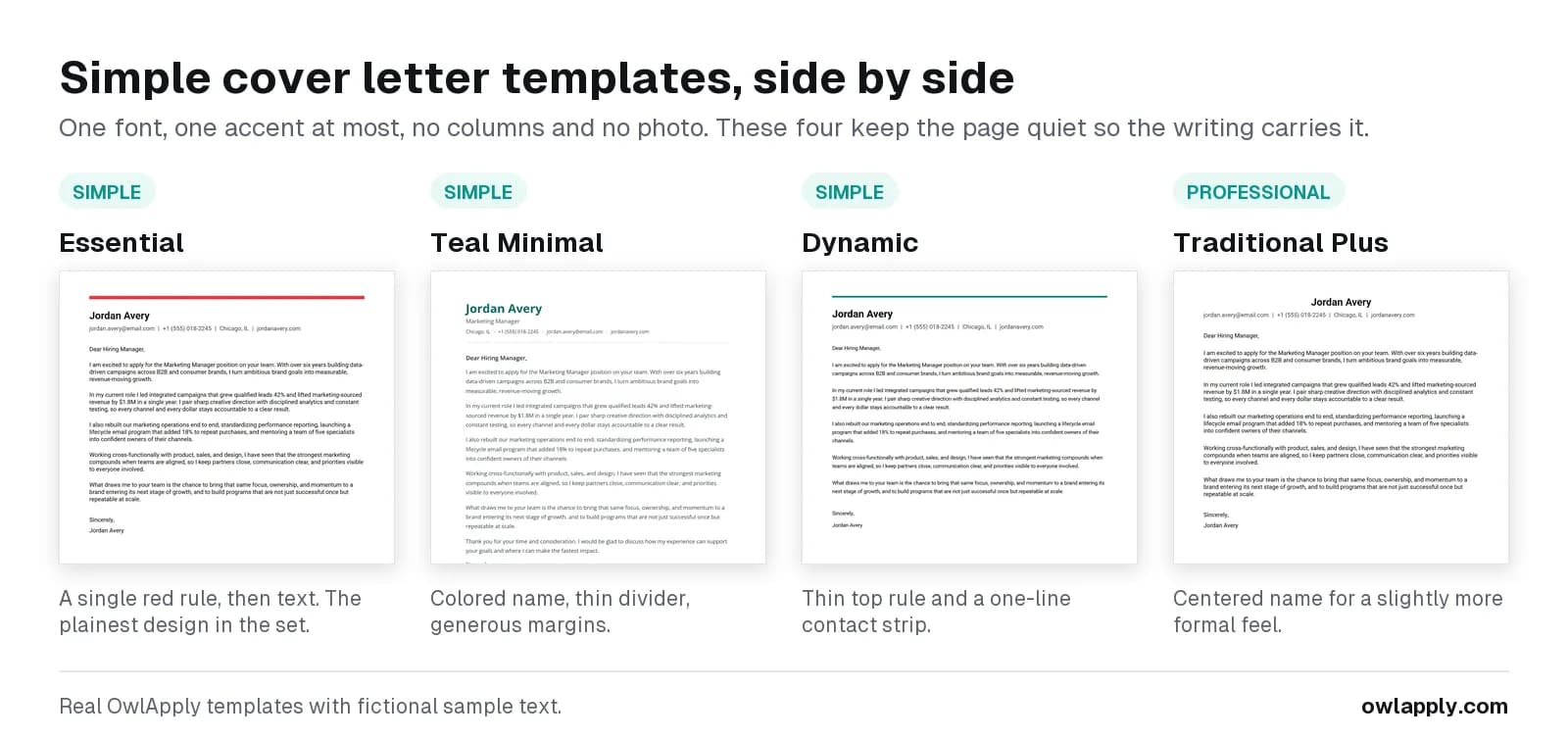 Quatro modelos simples de carta de apresentação do OwlApply, Essential, Teal Minimal, Dynamic e Traditional Plus, com a mesma carta de exemplo