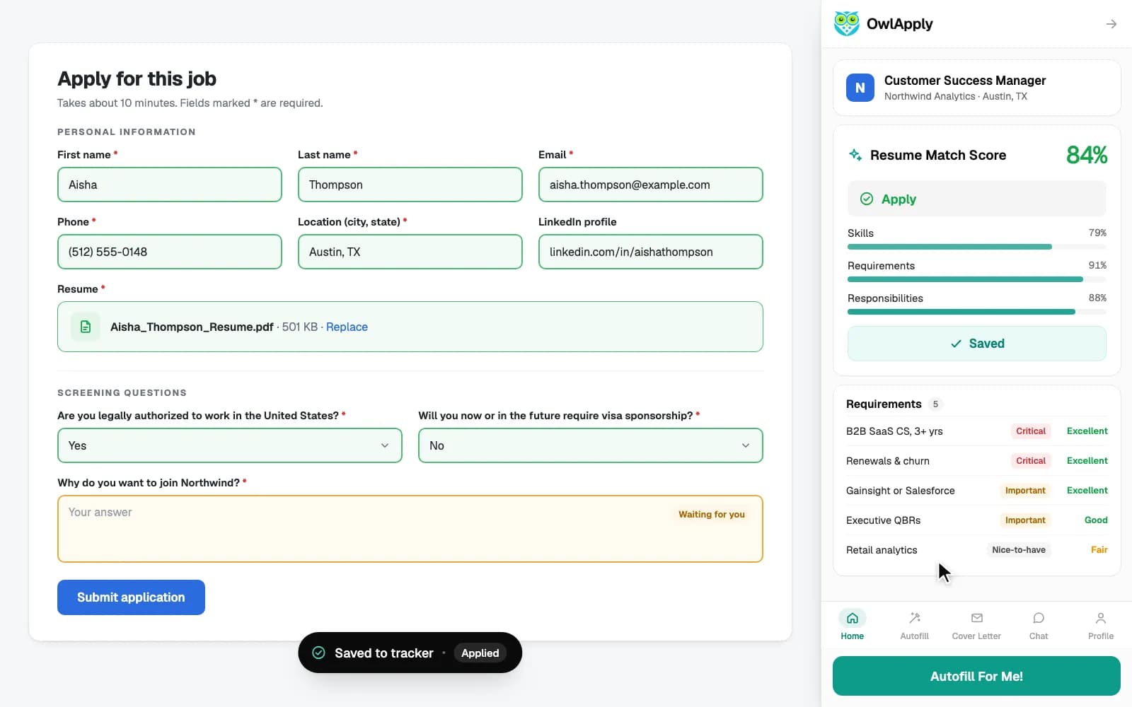 Animation: the OwlApply extension analyzing a job posting and filling the application form