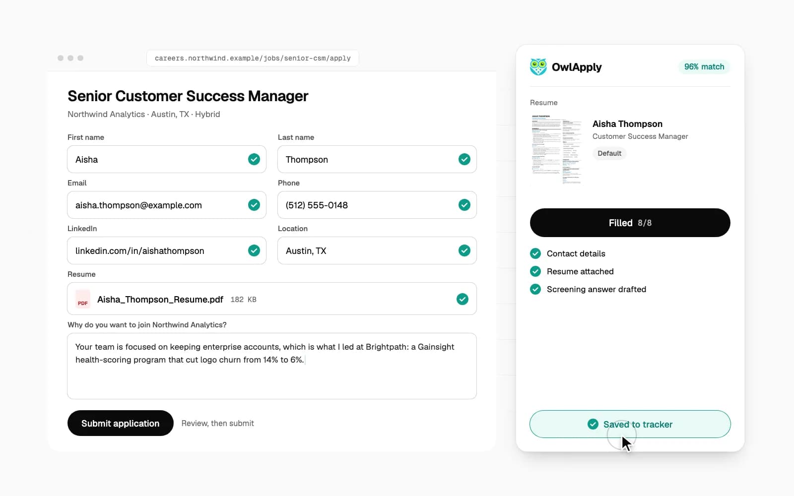 A job application form filled by the OwlApply Chrome extension