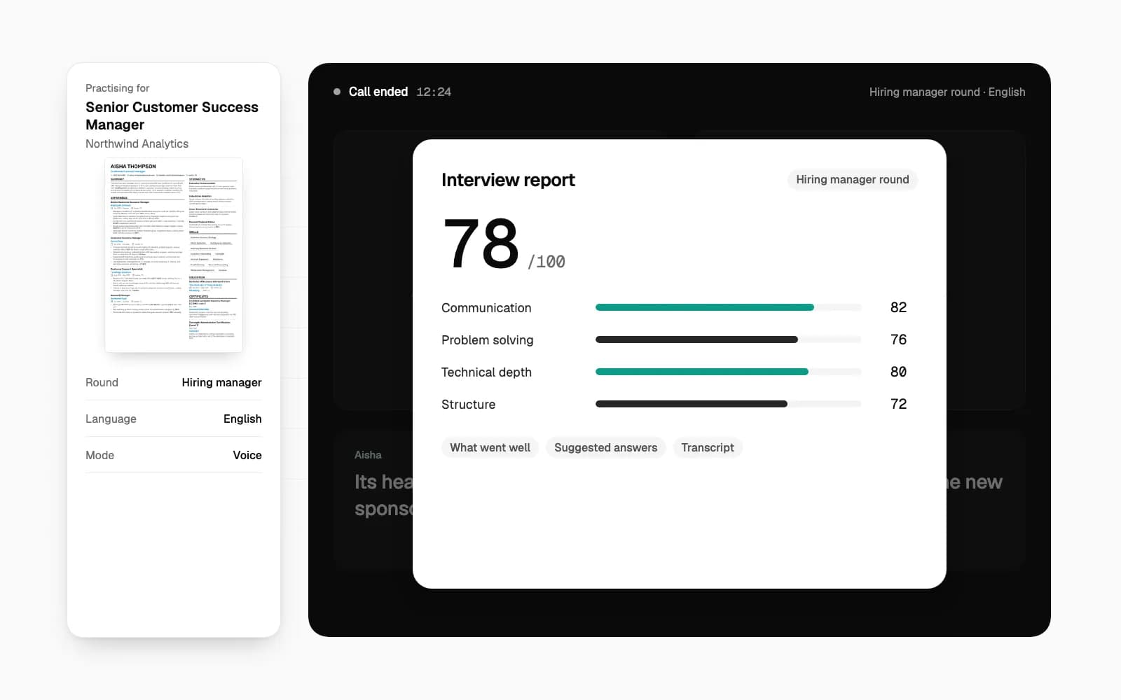 An AI interview report with an overall score and feedback