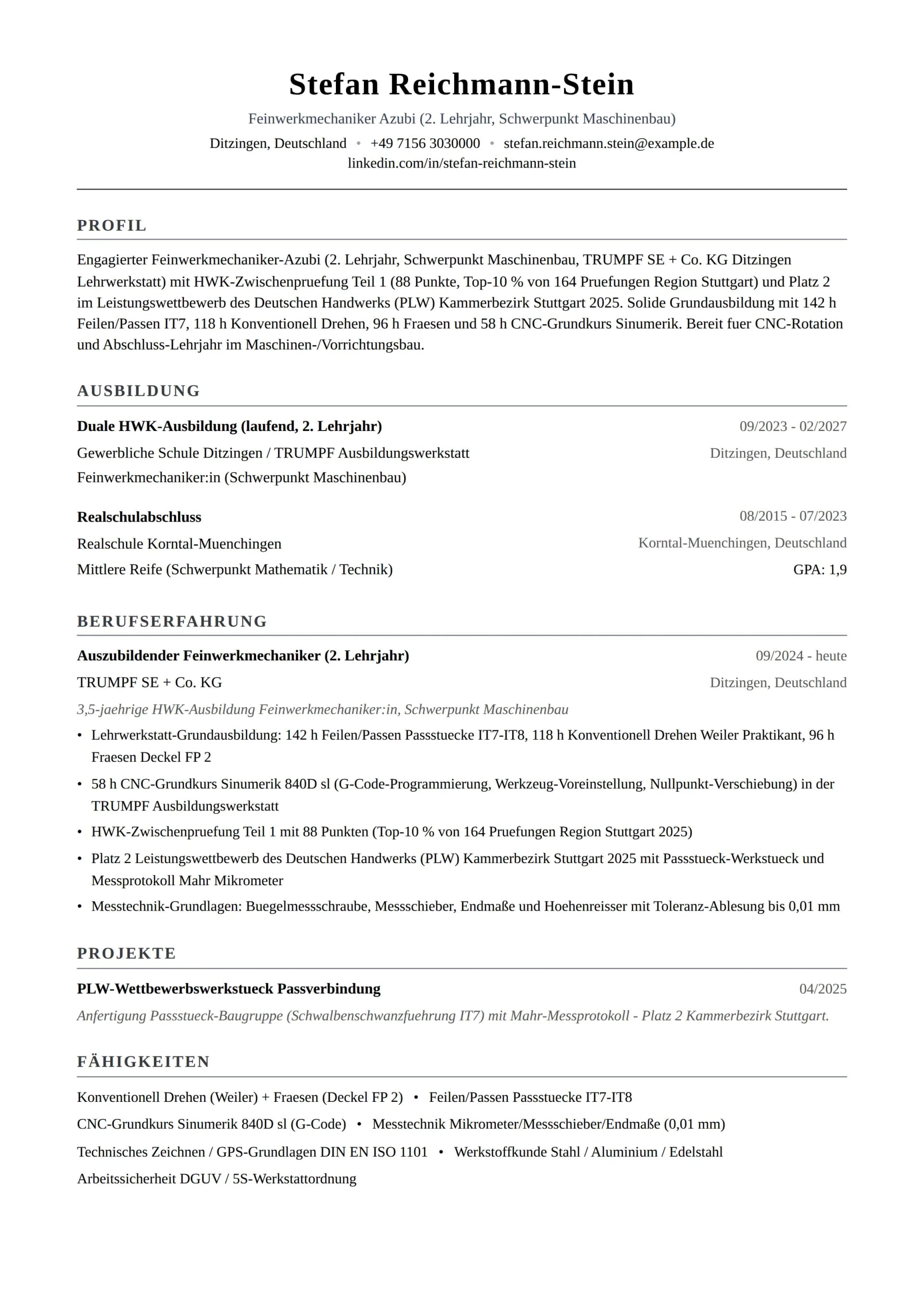 Feinwerkmechaniker Azubi (1.-2. Lehrjahr)