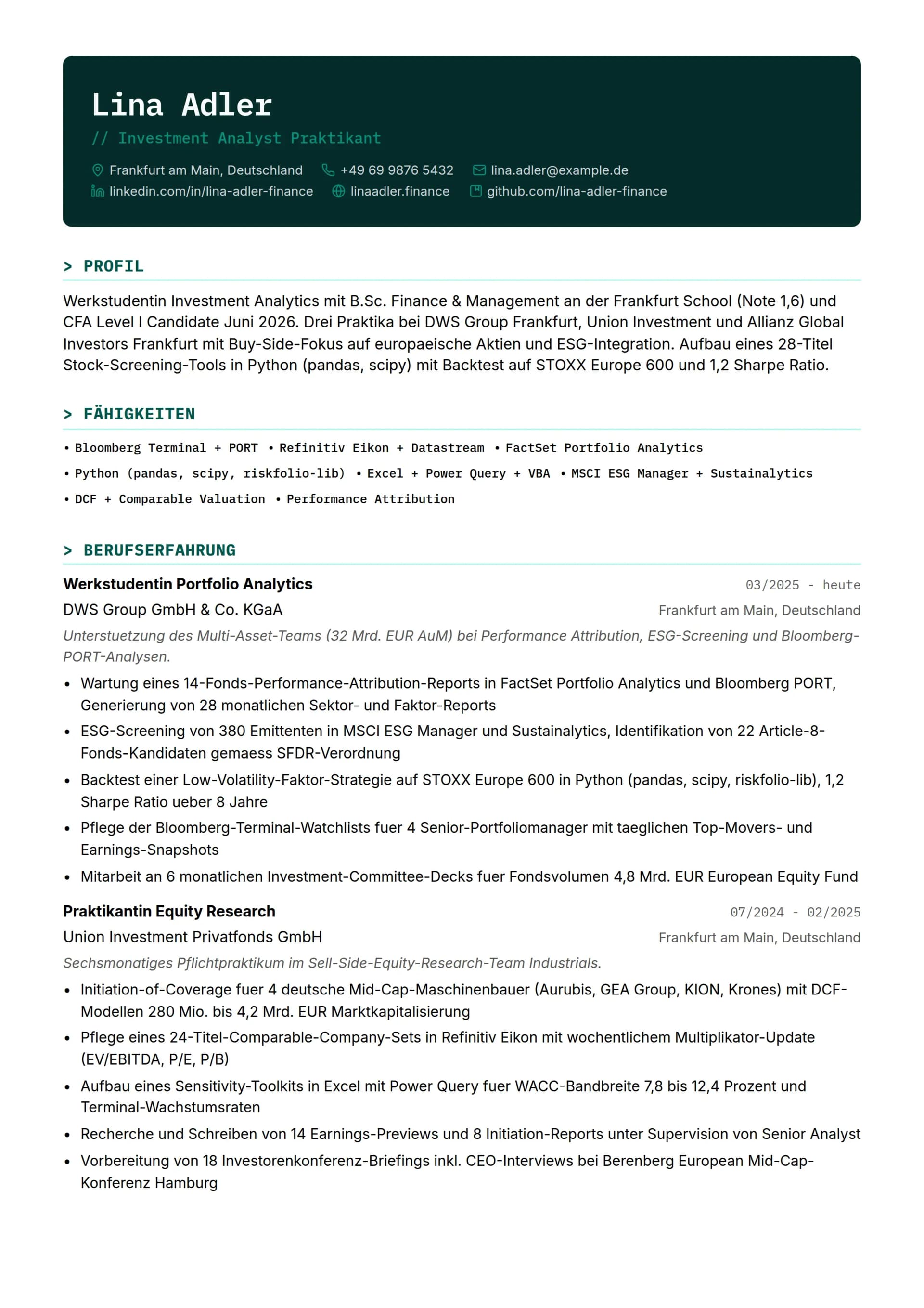 Investment Analyst Praktikant / Werkstudent