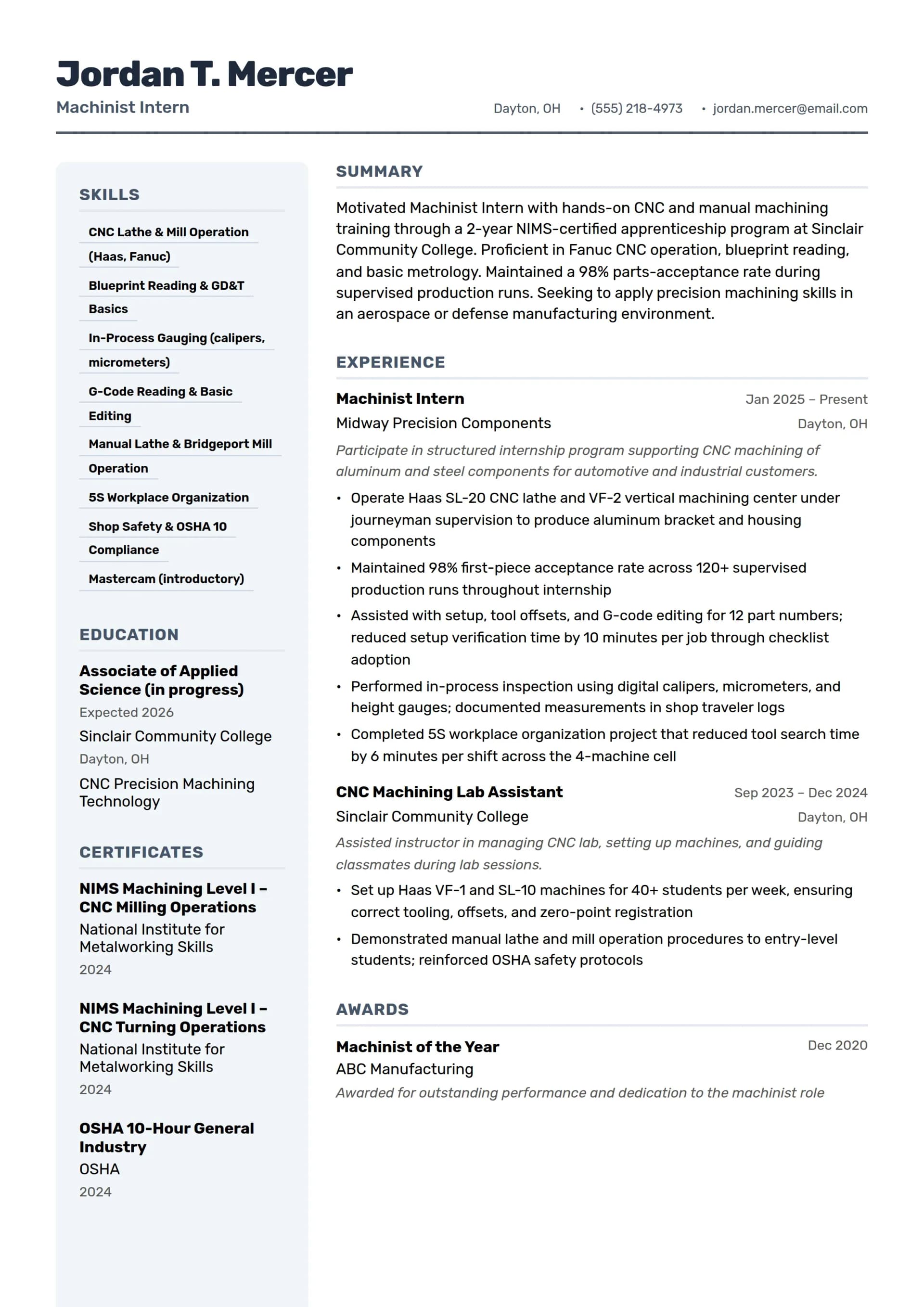 Machinist Intern