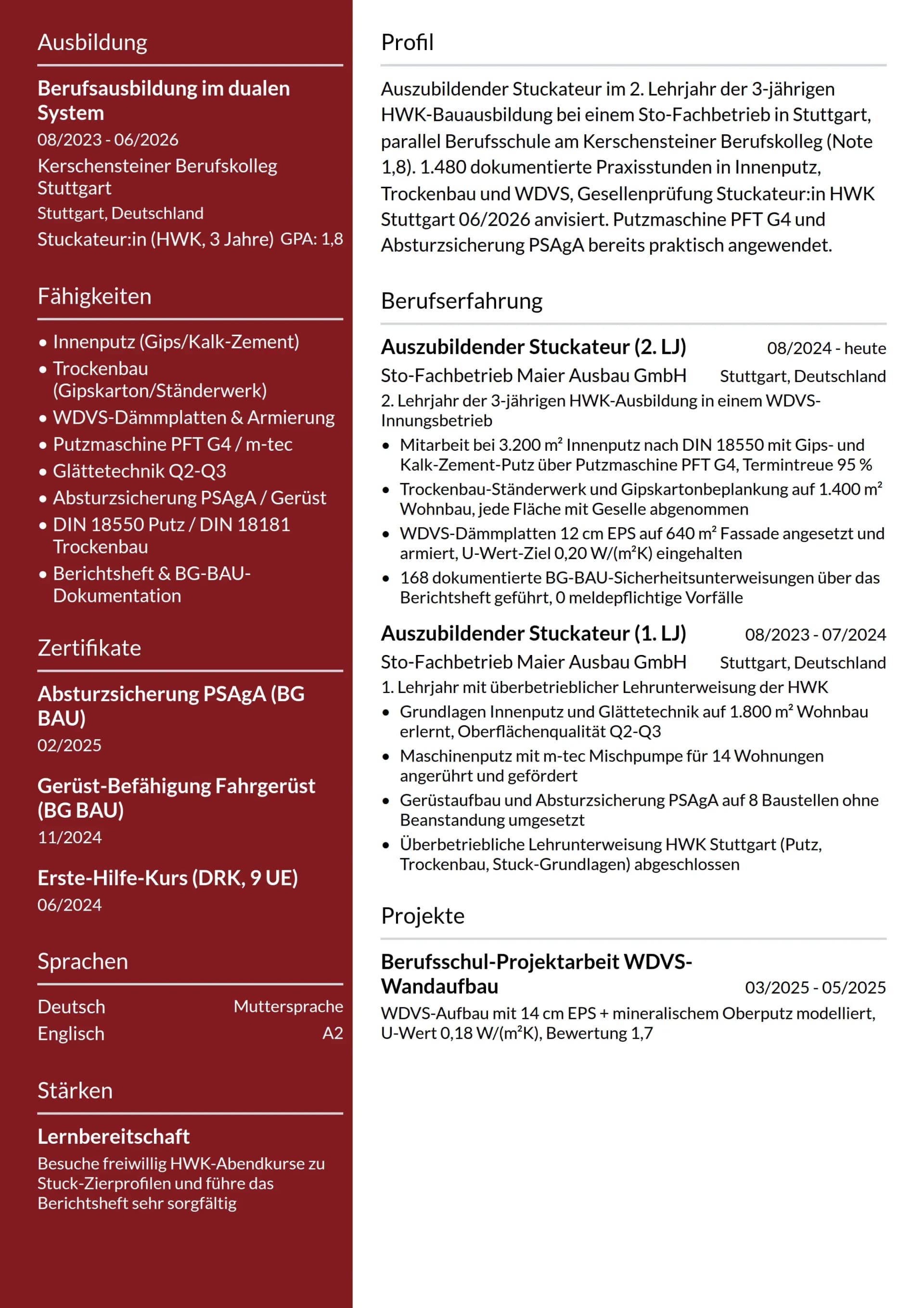 Stuckateur:in (Auszubildende:r)