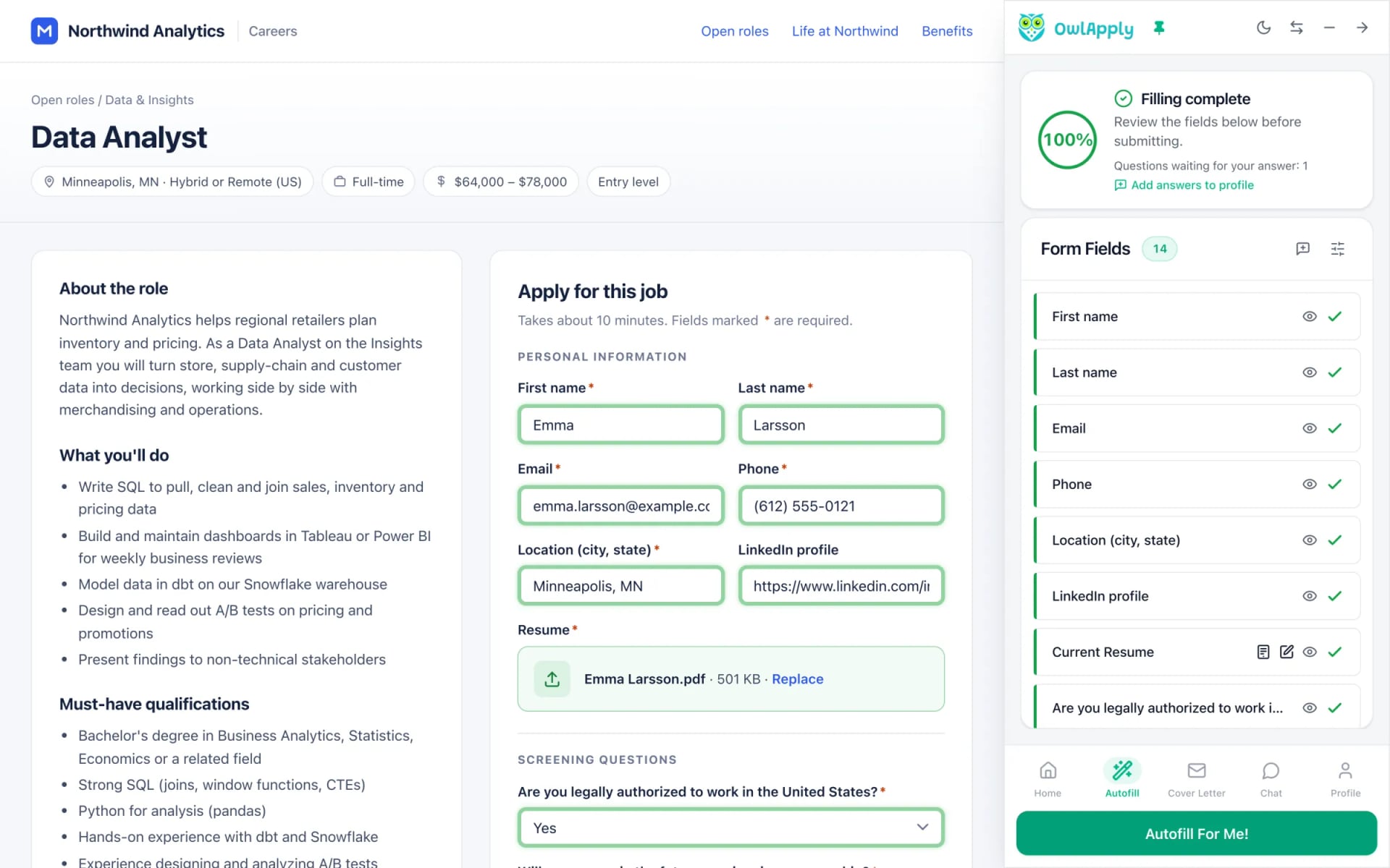 Um formulário de candidatura preenchido pela extensão do Chrome do OwlApply