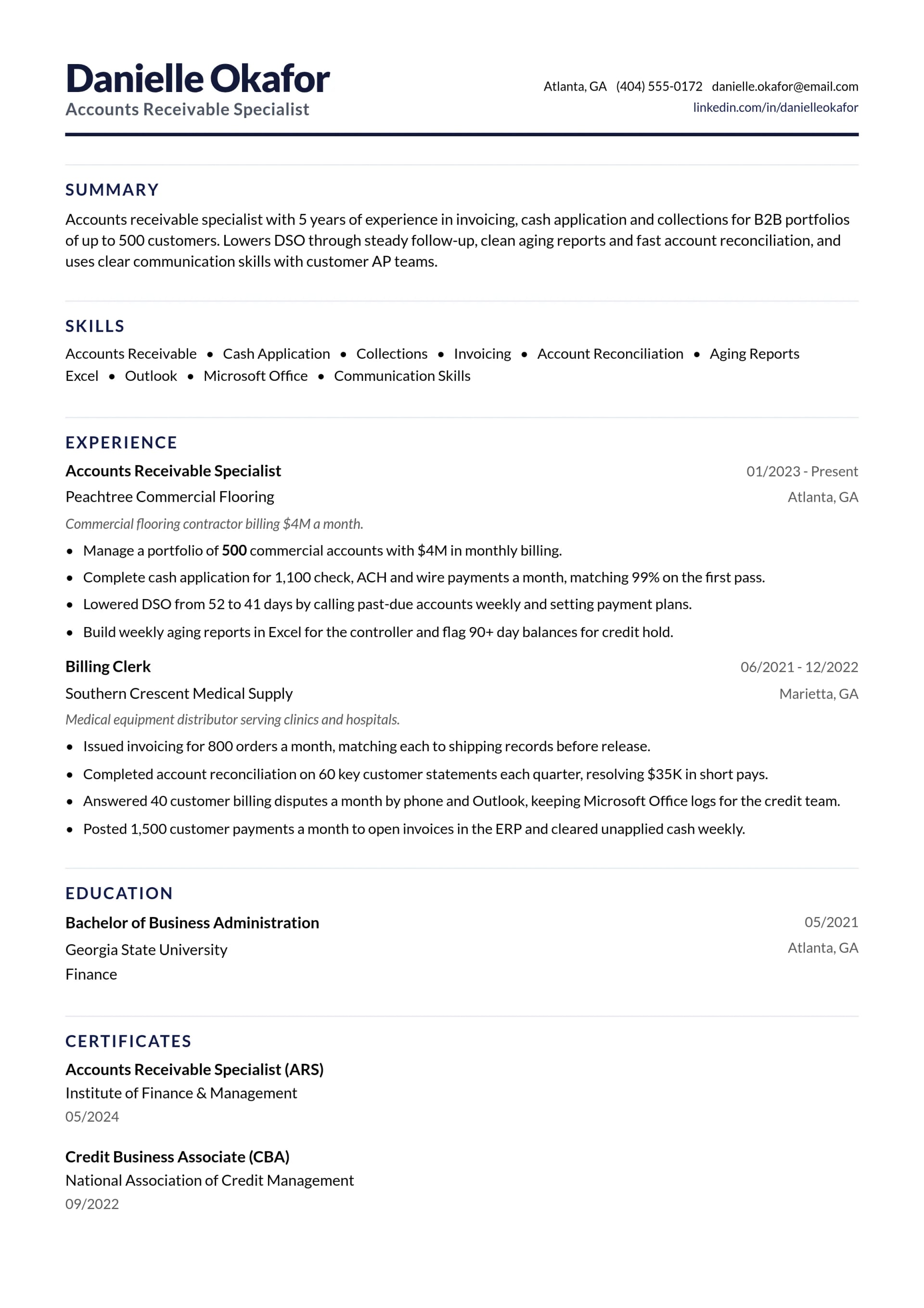 Accounts Receivable Specialist resume example