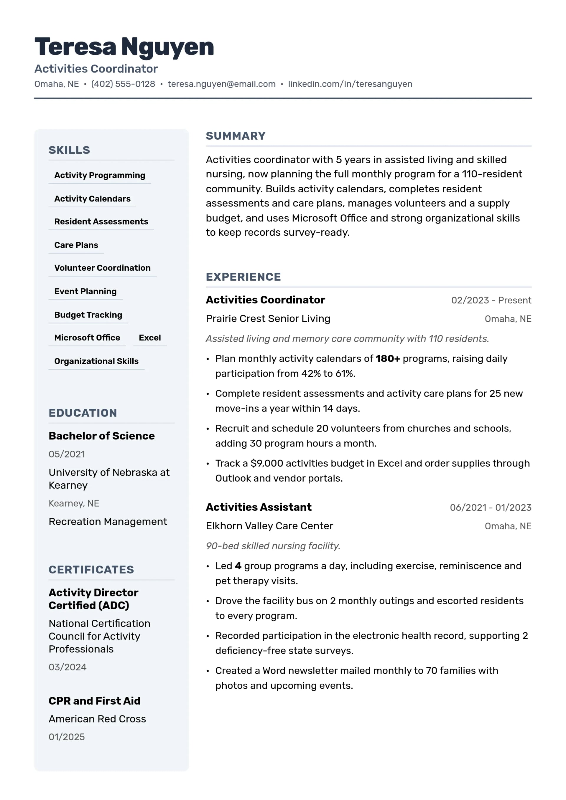Activities Coordinator resume example