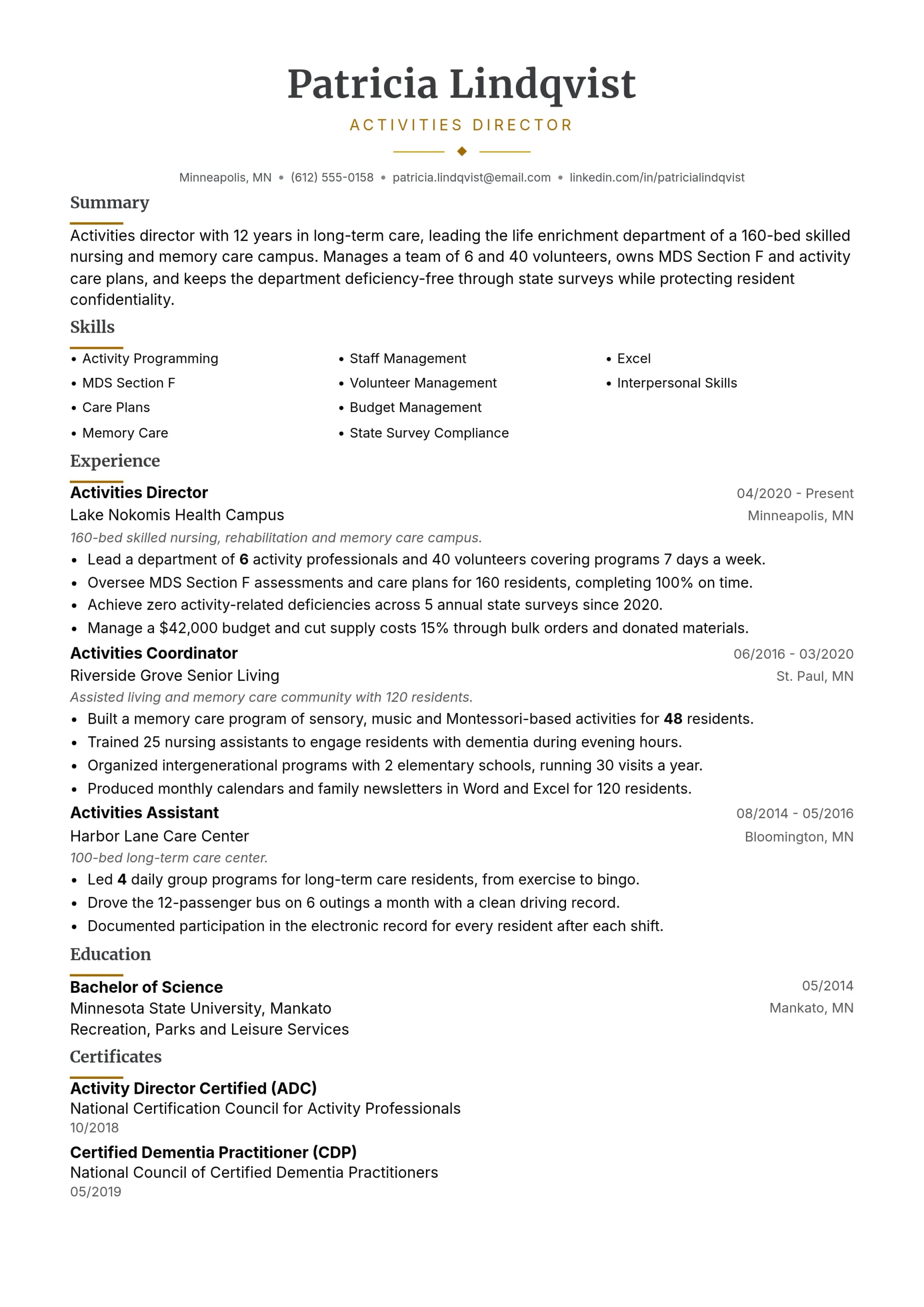 Activities Director resume example