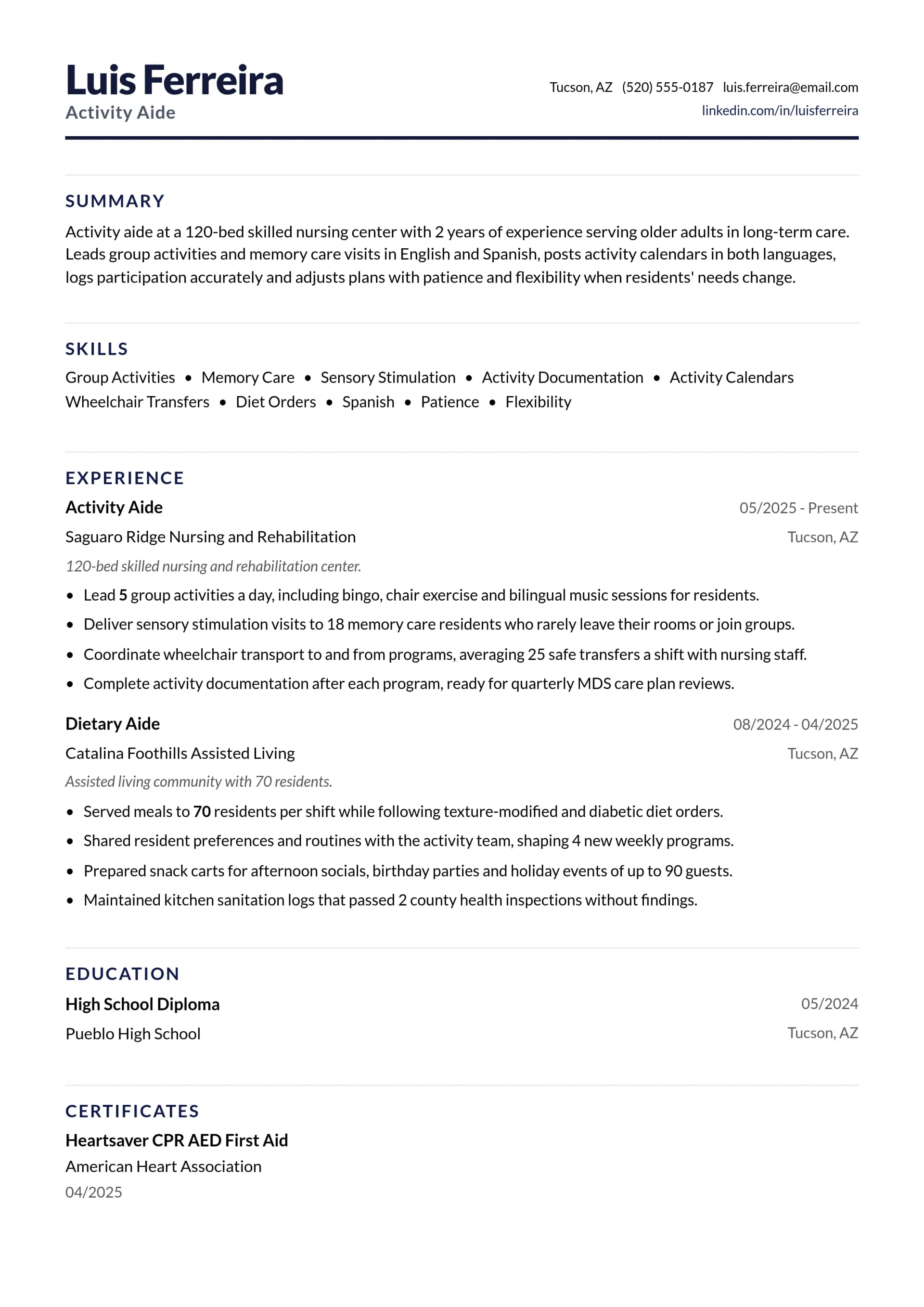 Activity Aide resume example