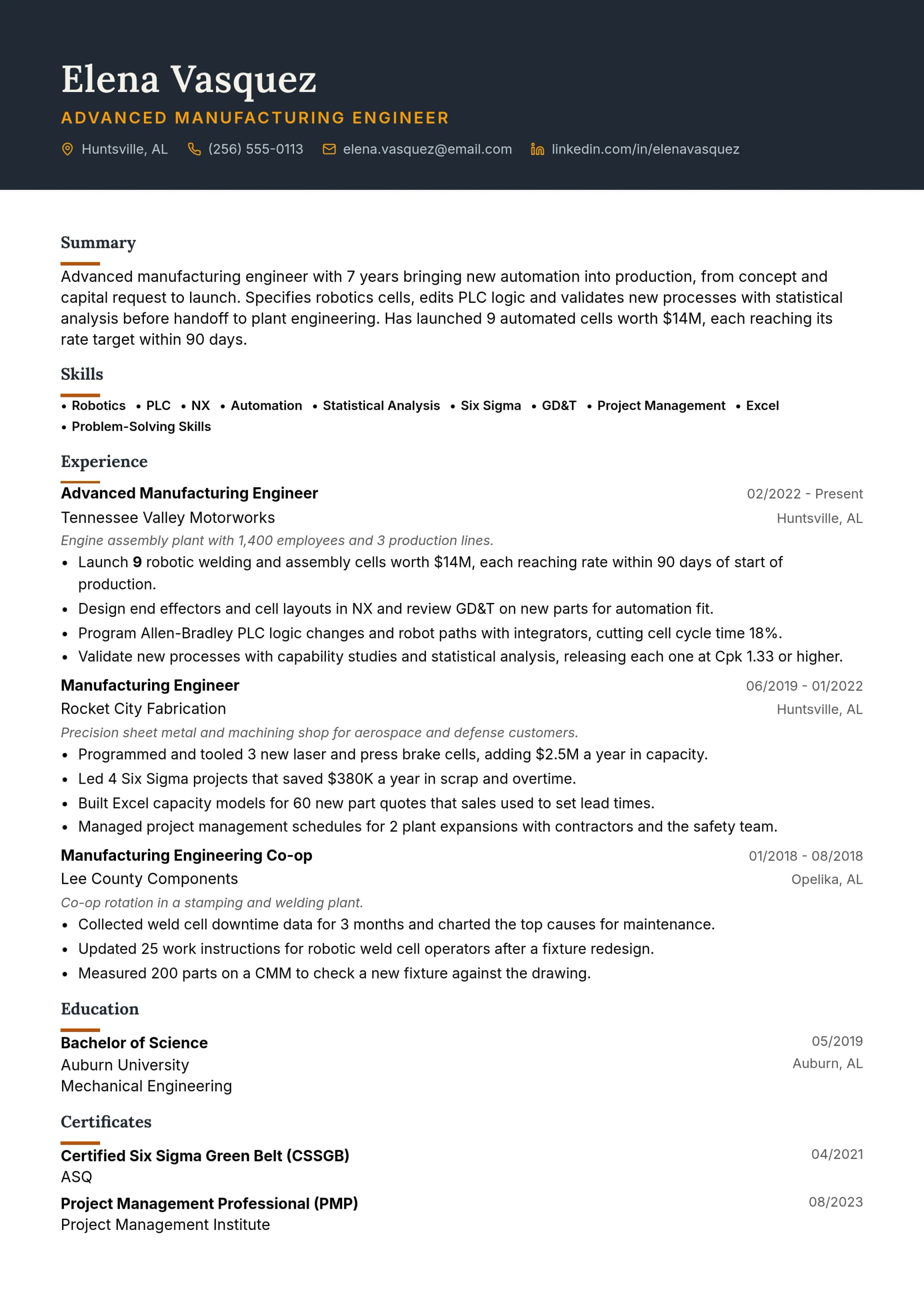 Advanced Manufacturing Engineer resume example