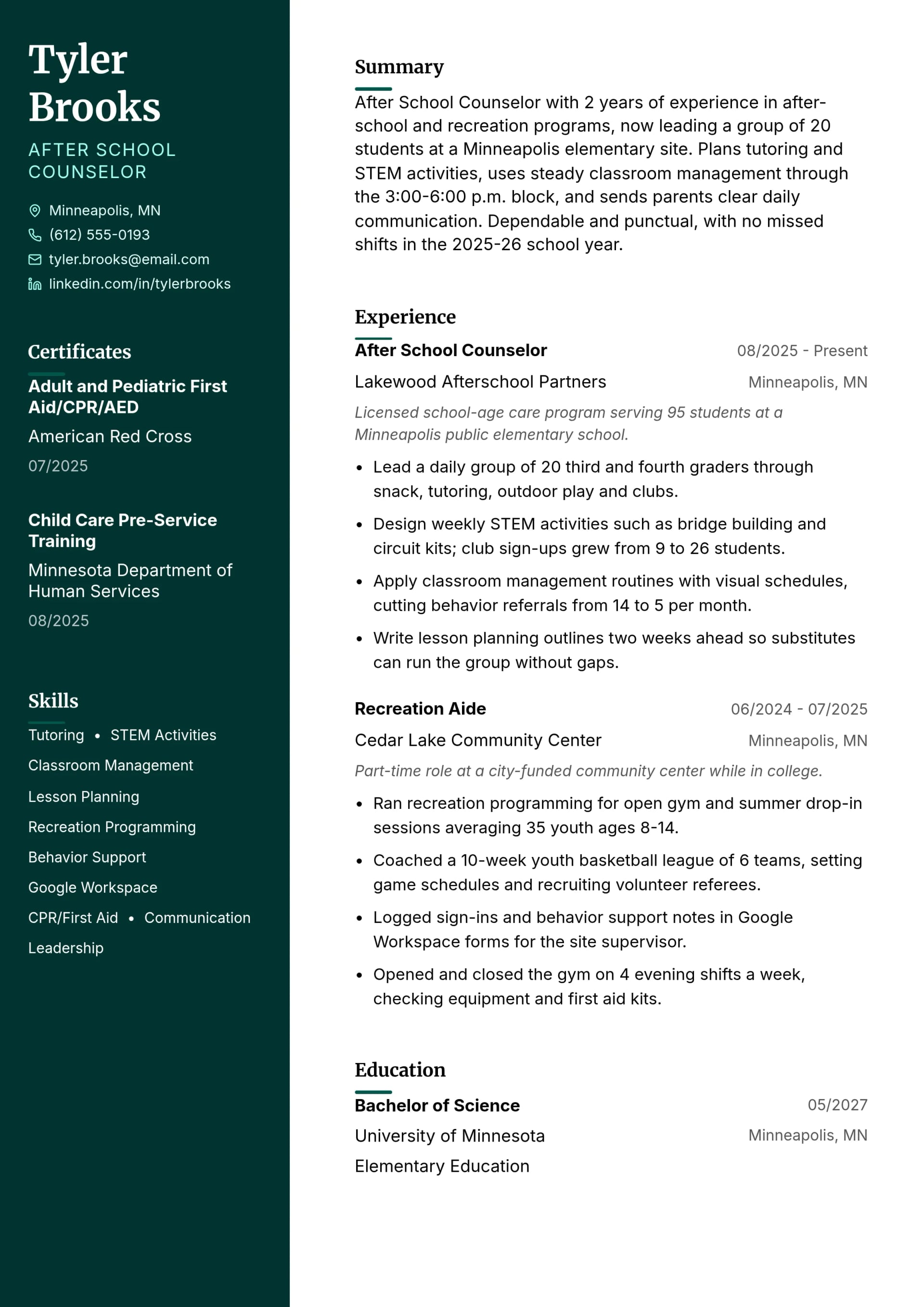 After School Counselor resume example
