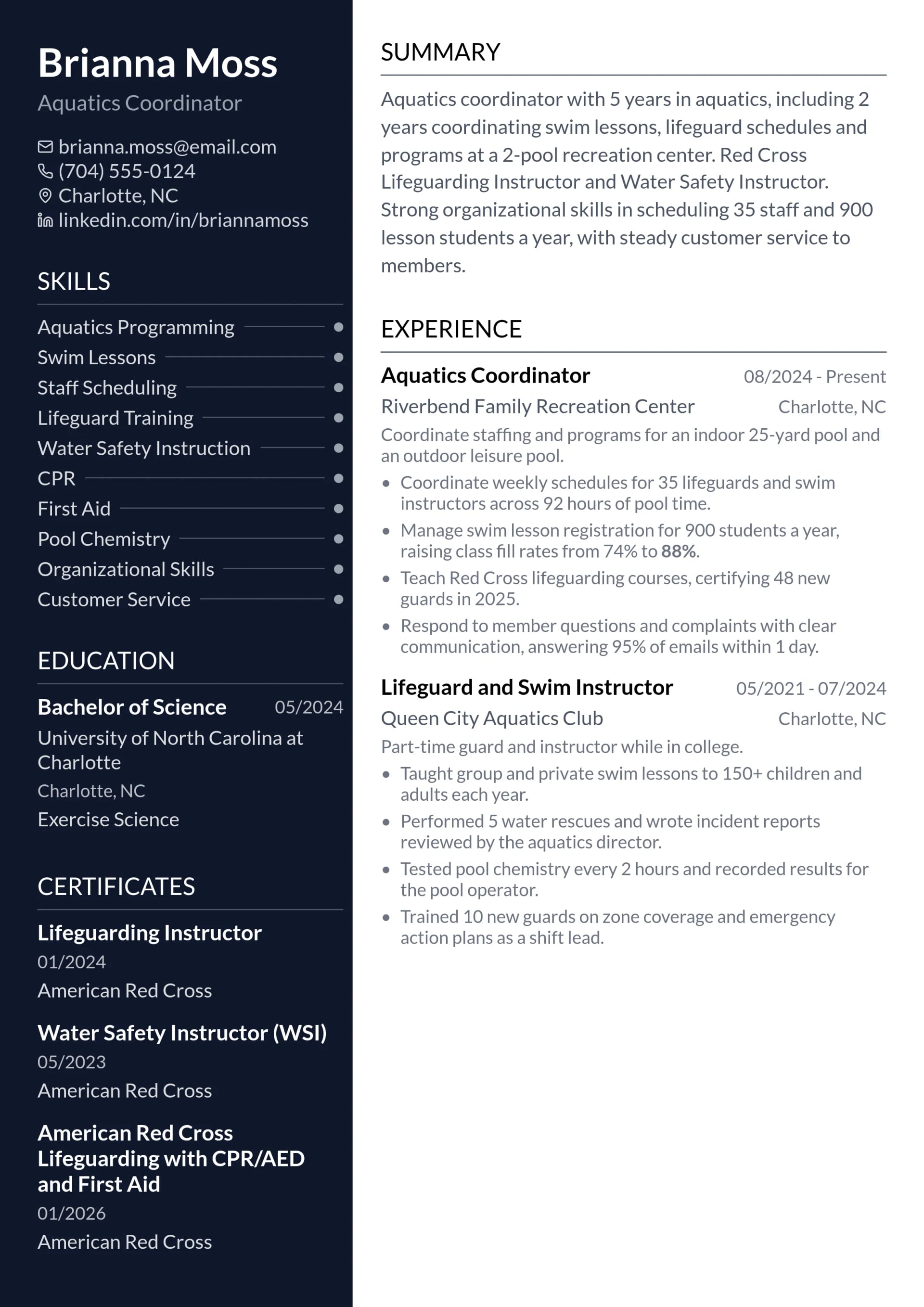 Aquatics Coordinator resume example