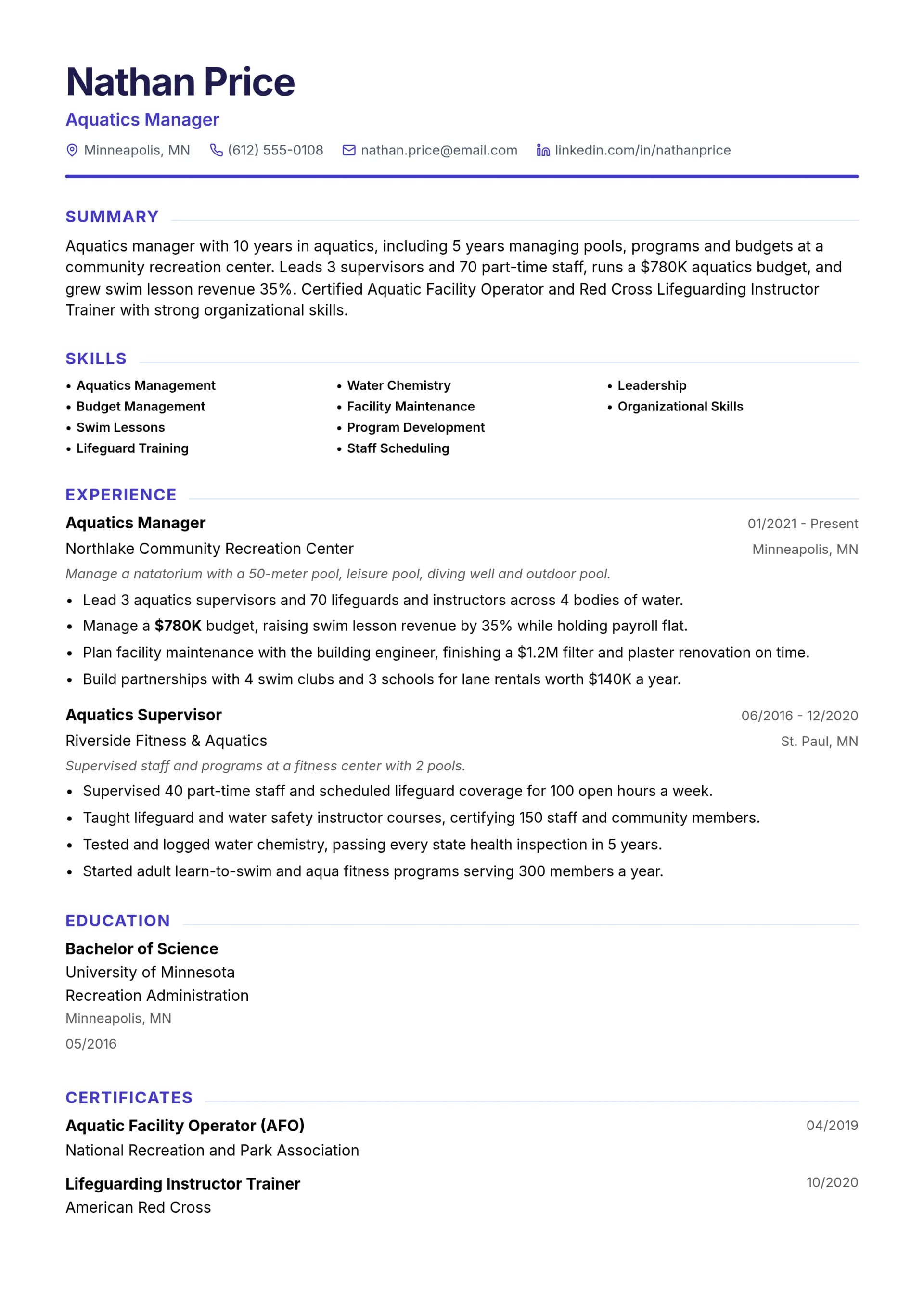 Aquatics Manager resume example