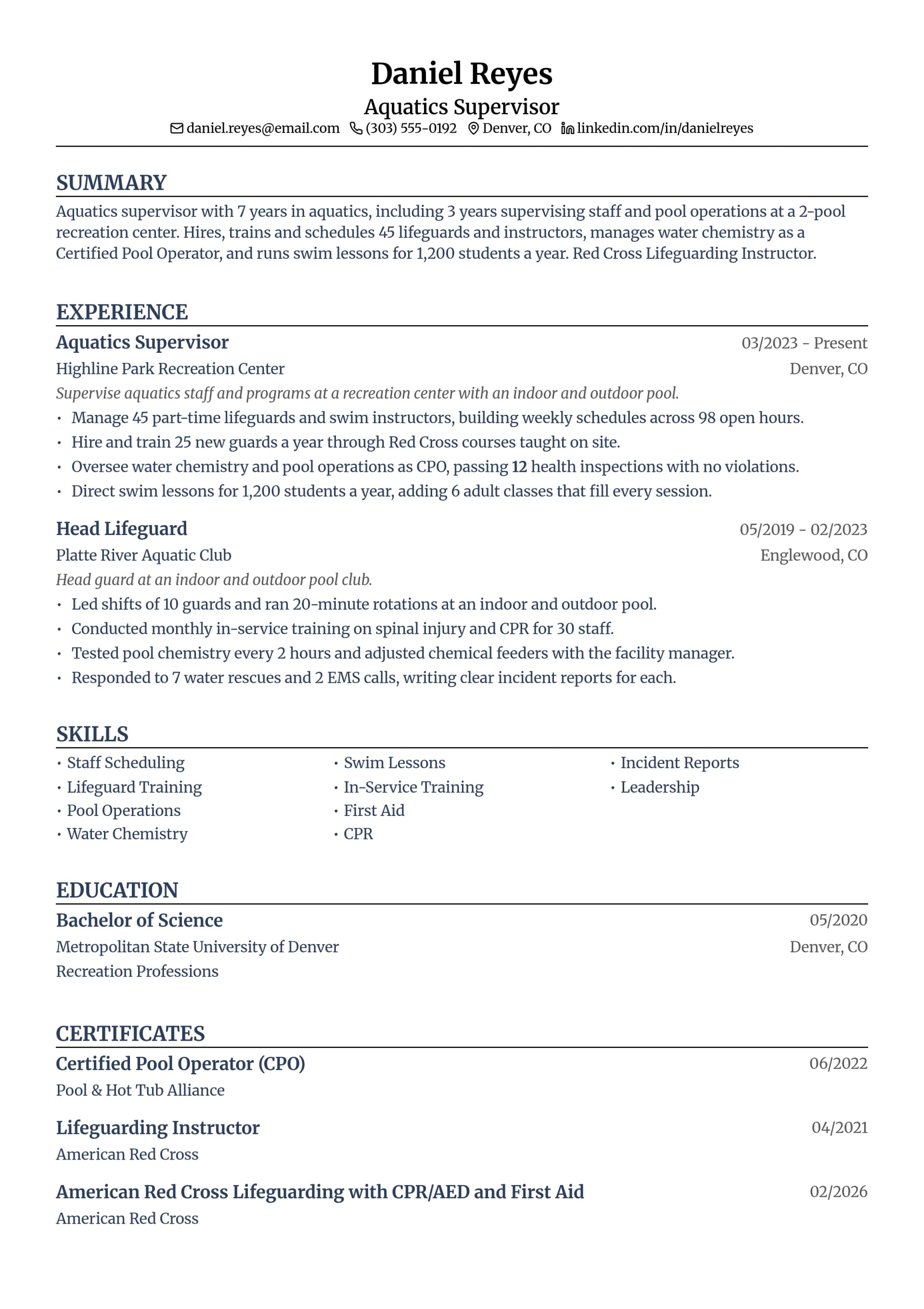 Aquatics Supervisor resume example