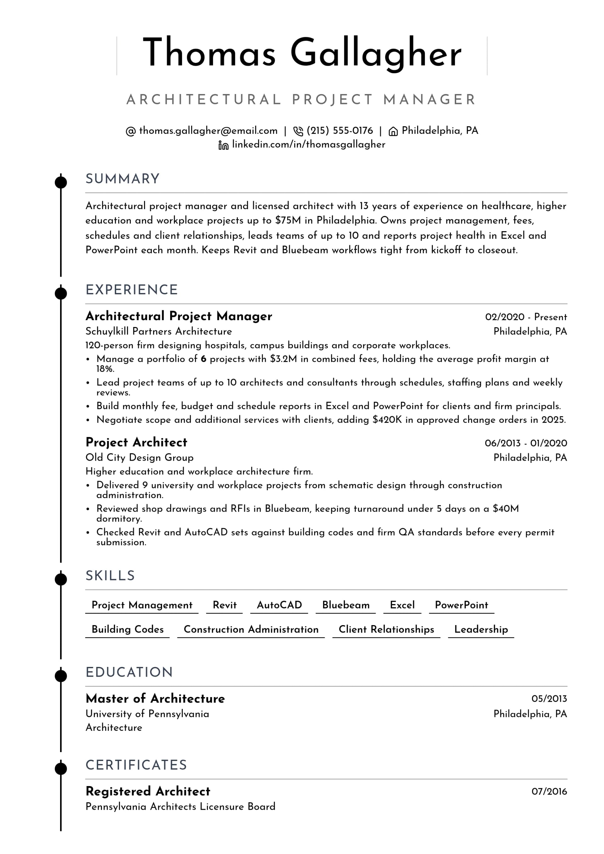 Architectural Project Manager resume example