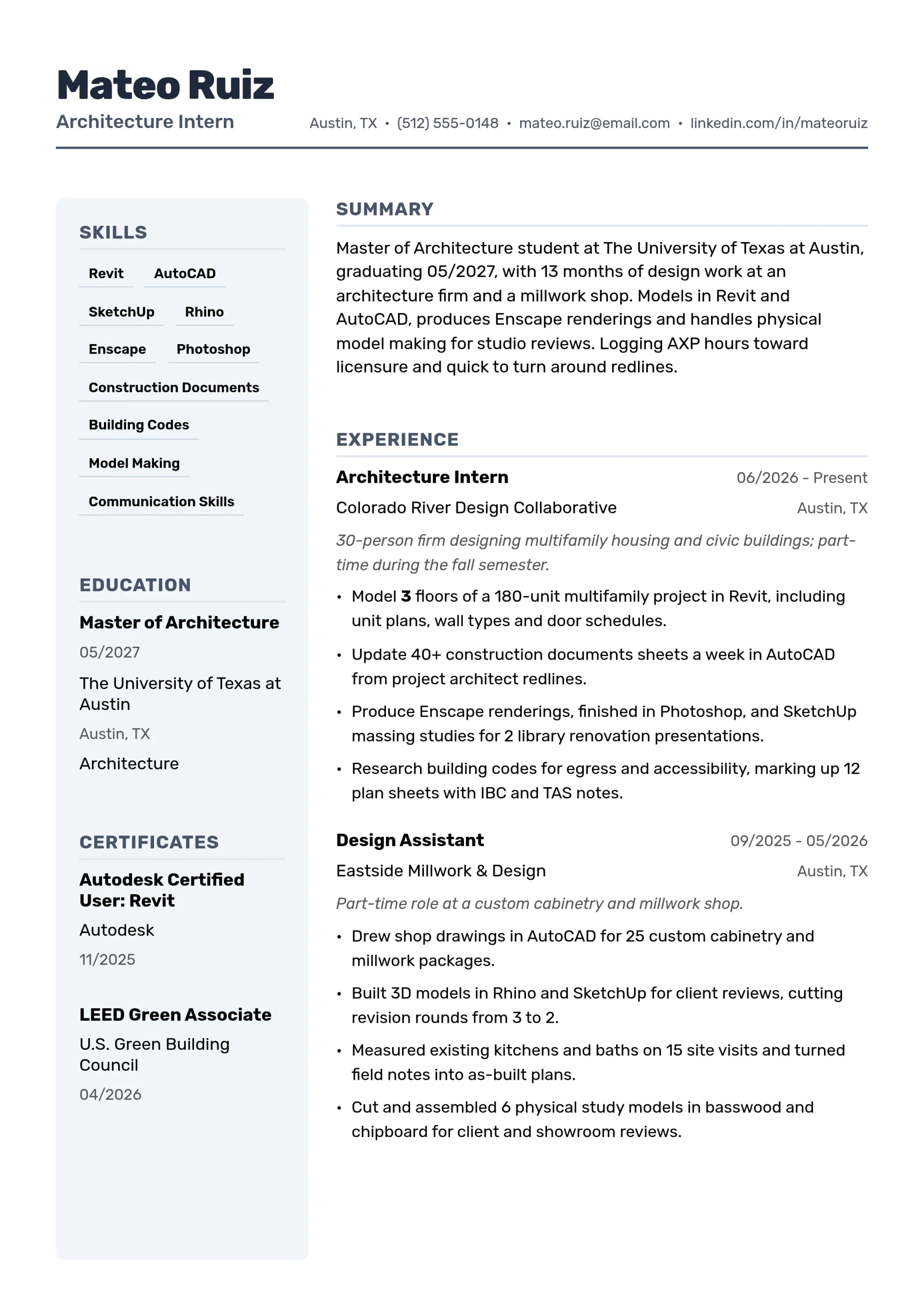 Architecture Intern resume example