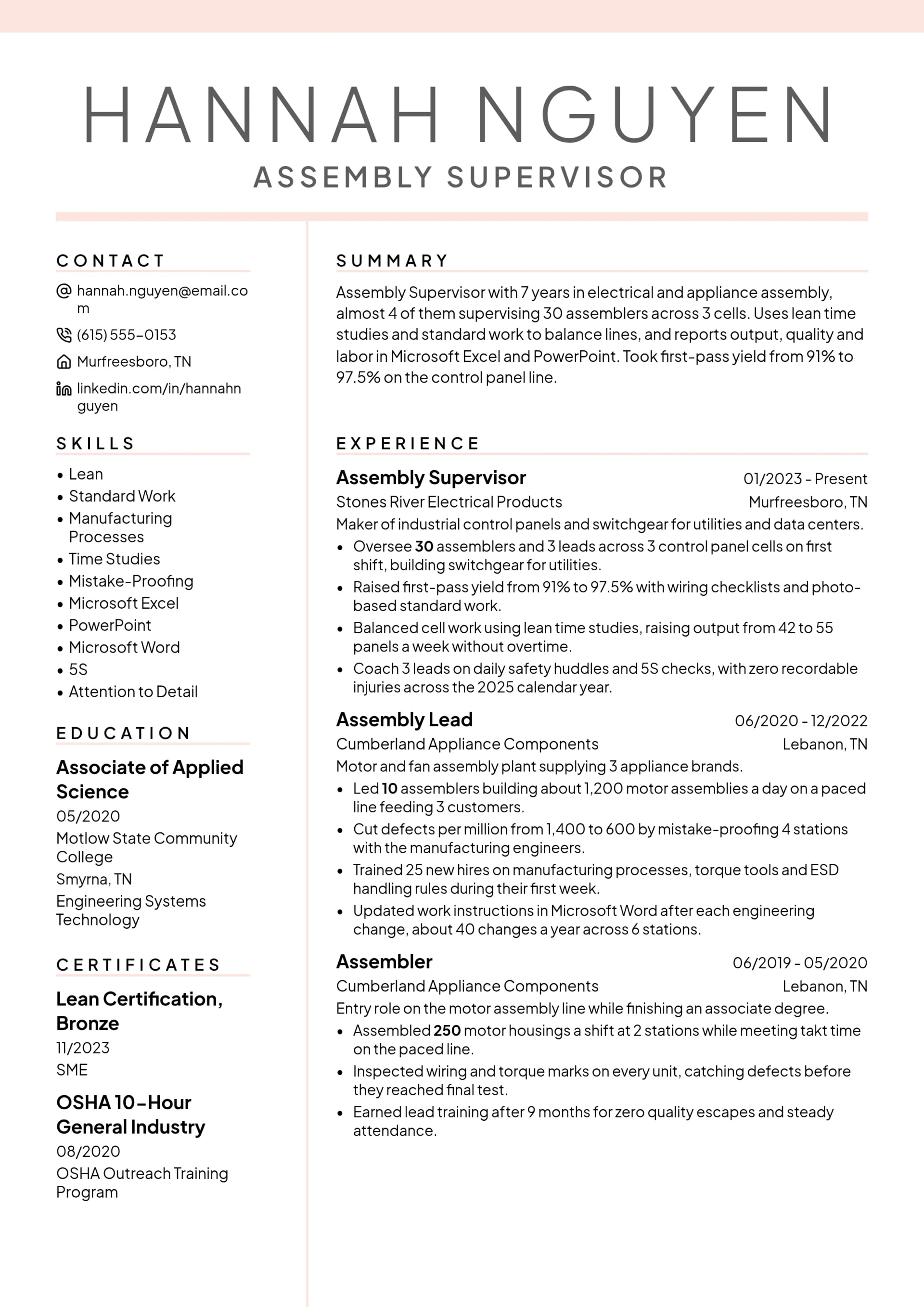 Assembly Supervisor resume example