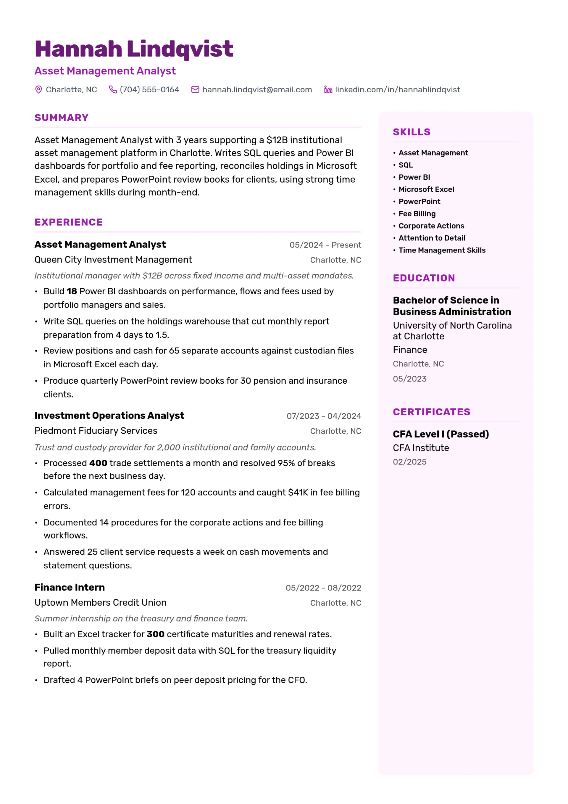 Asset Management Analyst resume example