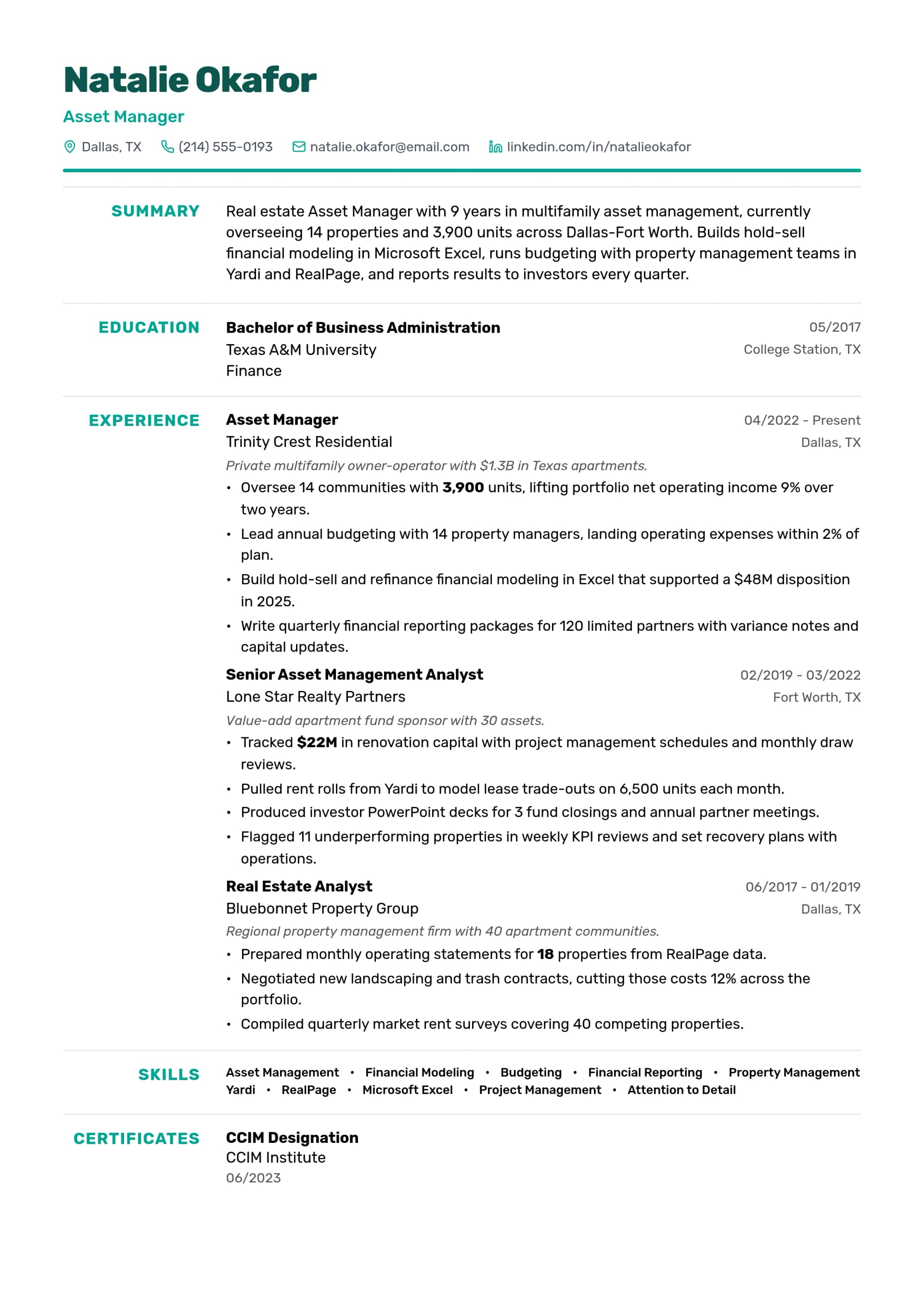 Asset Manager resume example