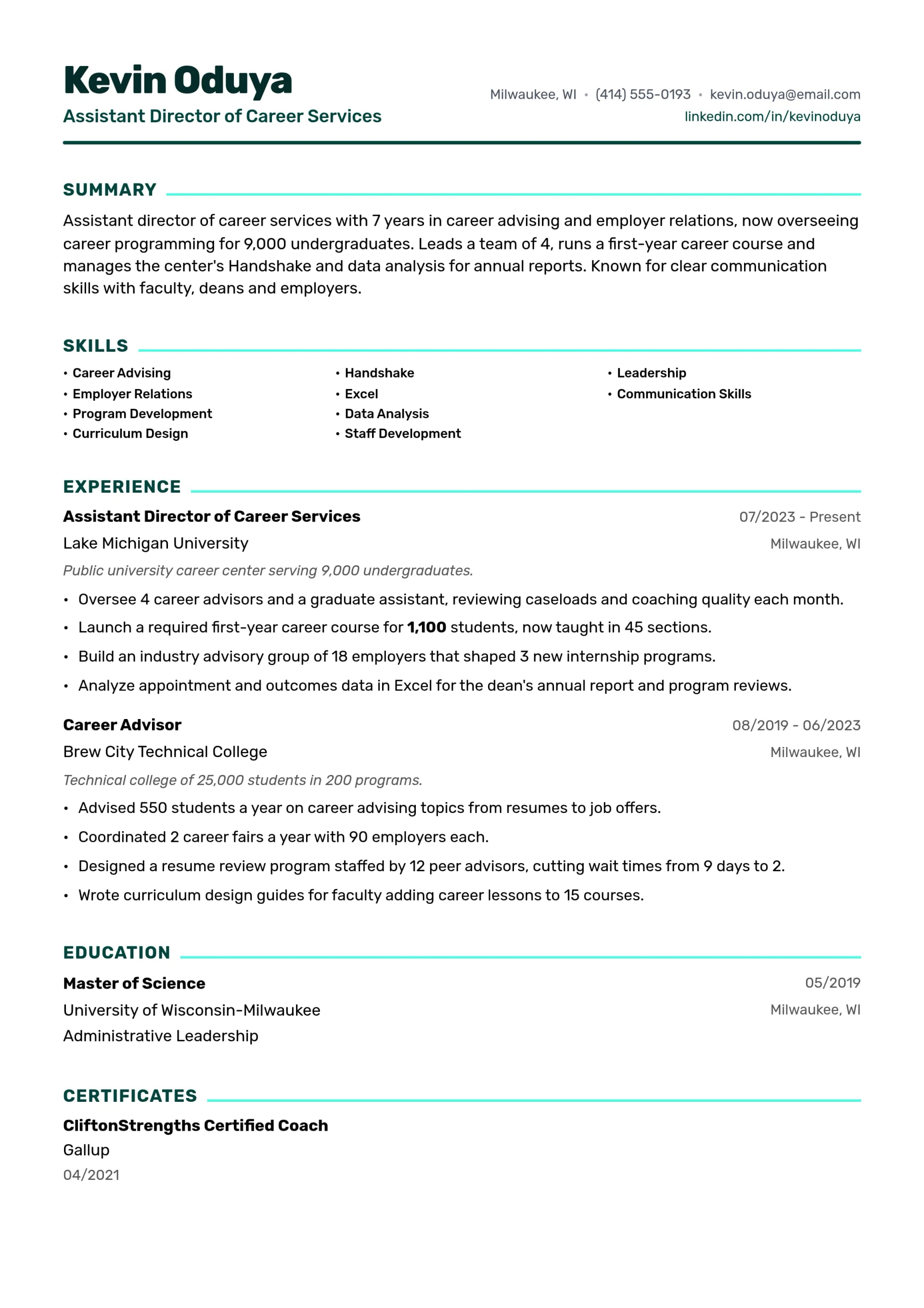 Assistant Director of Career Services resume example