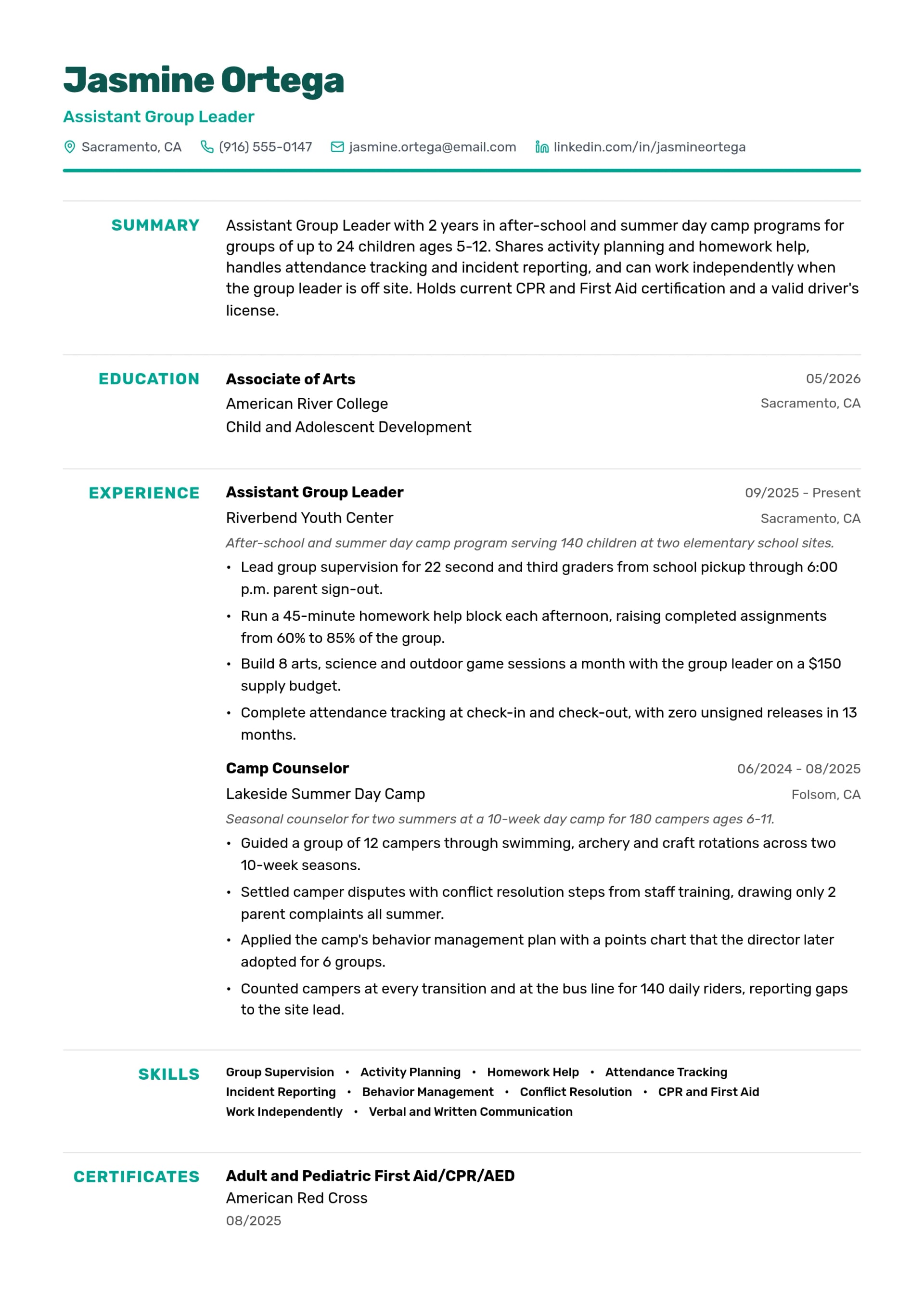 Assistant Group Leader resume example