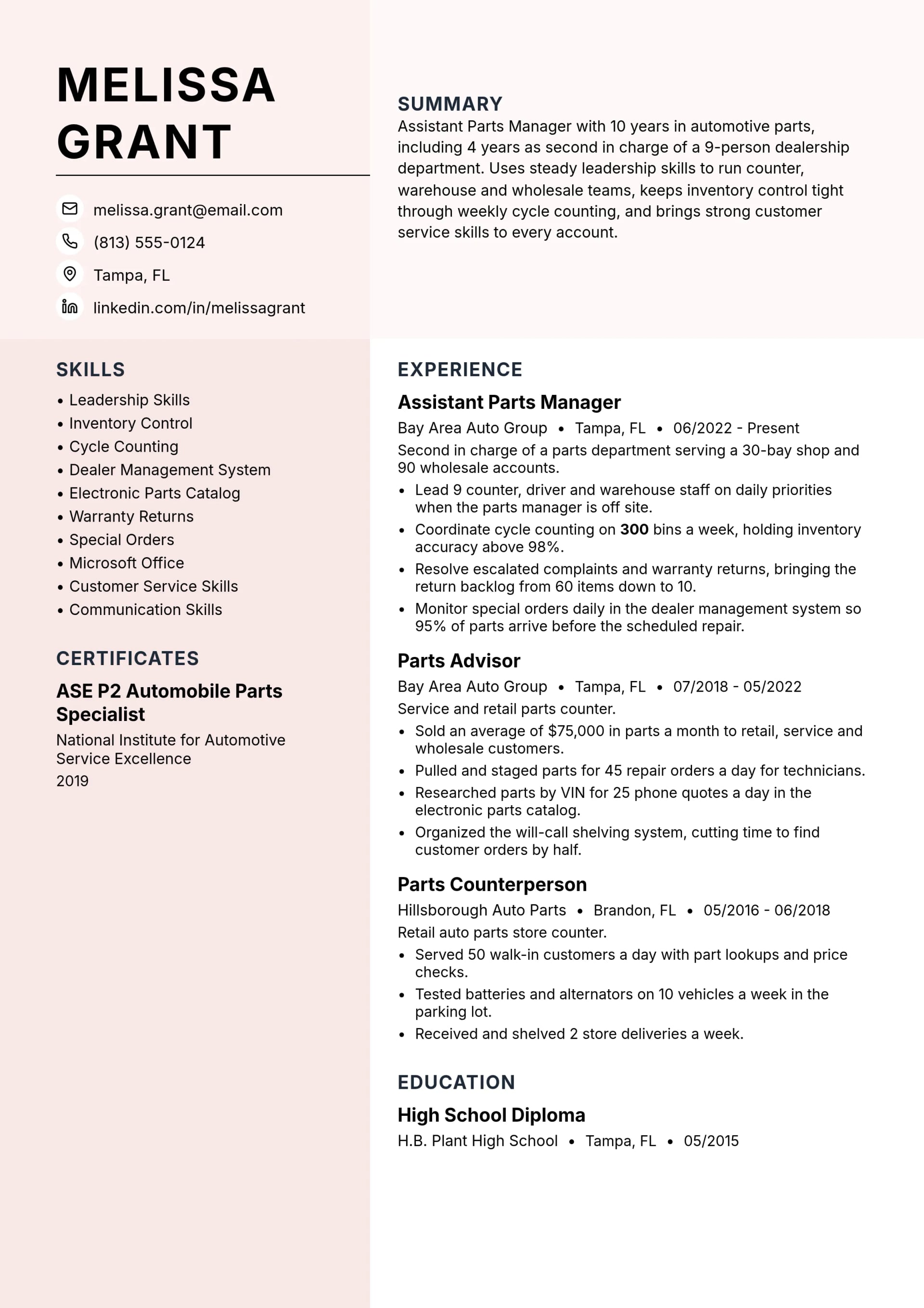 Assistant Parts Manager resume example