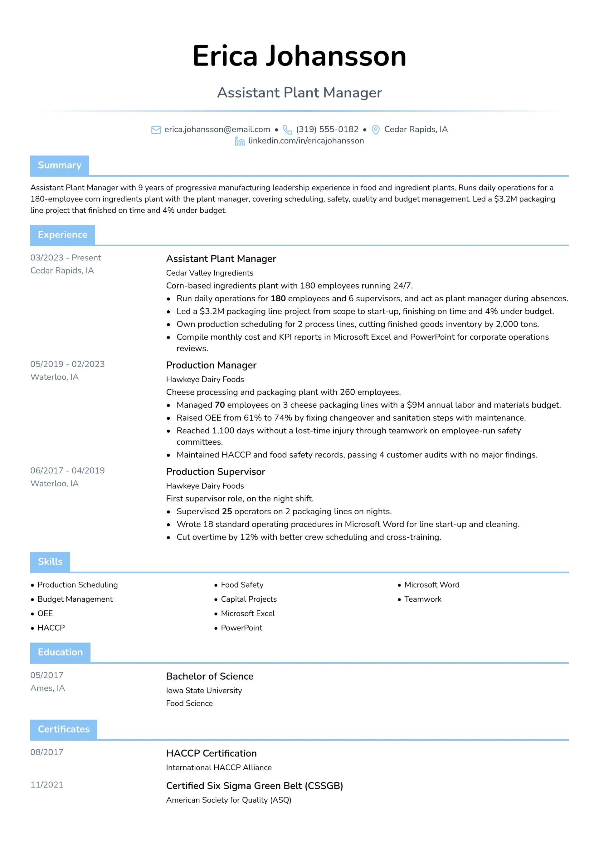 Assistant Plant Manager resume example