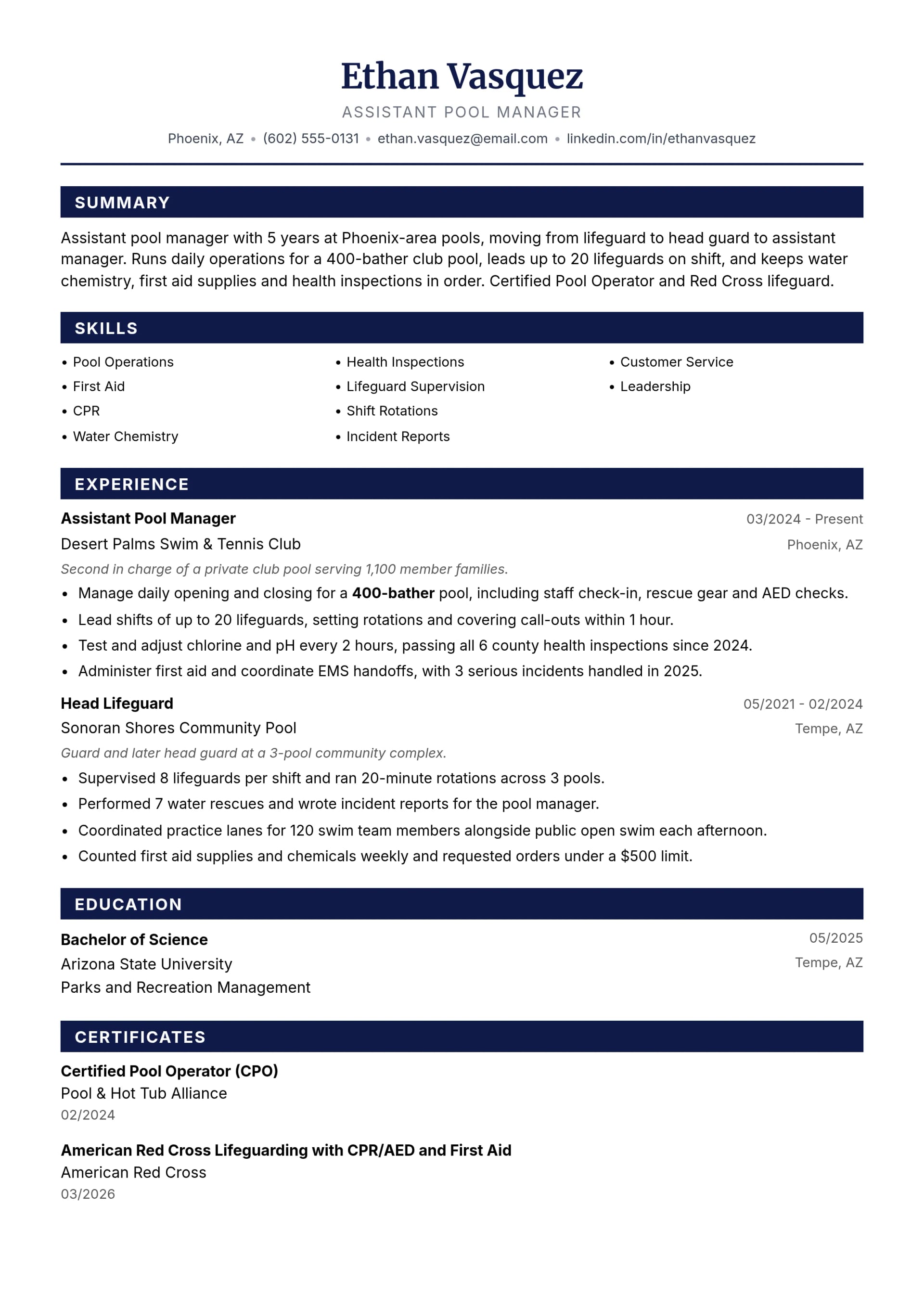 Assistant Pool Manager resume example